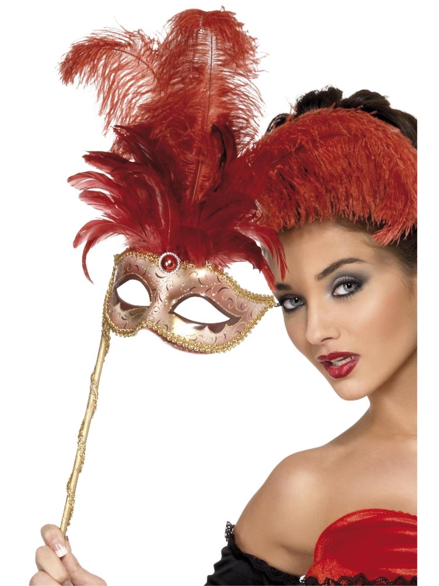 Masque fantaisie baroque haut de gamme, rouge, avec plumes