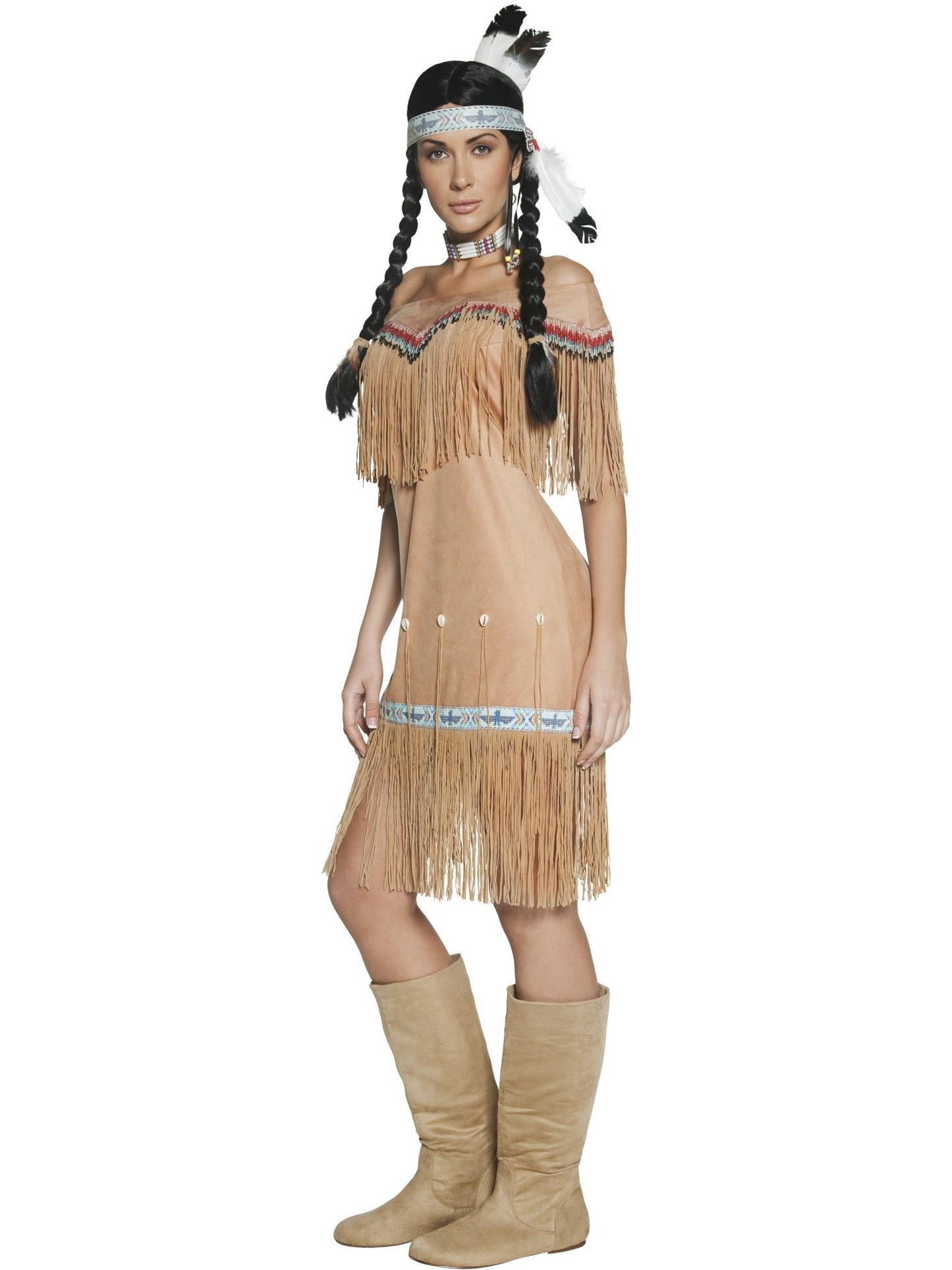 Costume femme beige inspiré amérindien de luxe, avec robe et frange