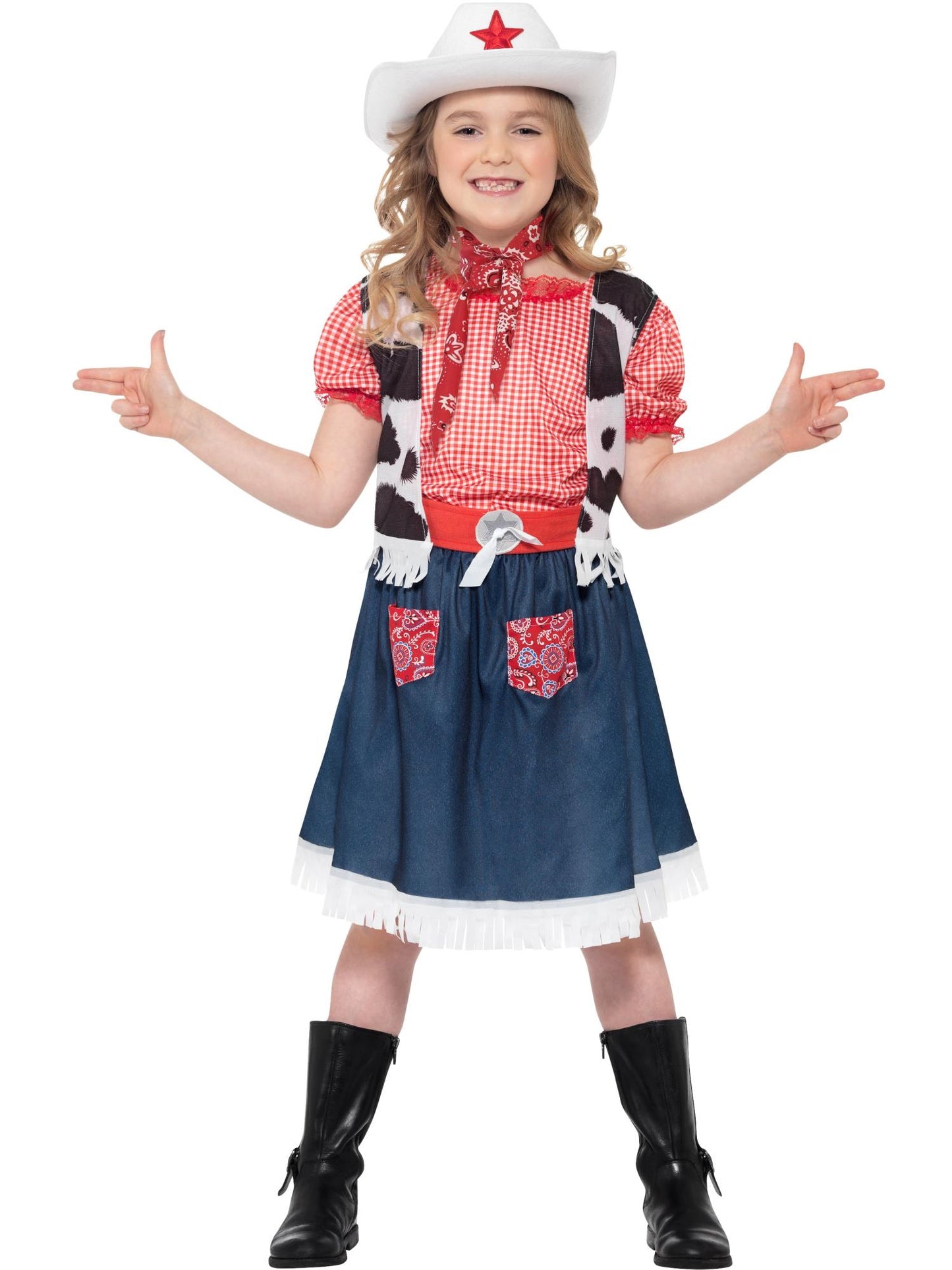 Costume petite fille de l'ouest, Bleu, avec robe, gilet, foulard, ceinture et chapeau