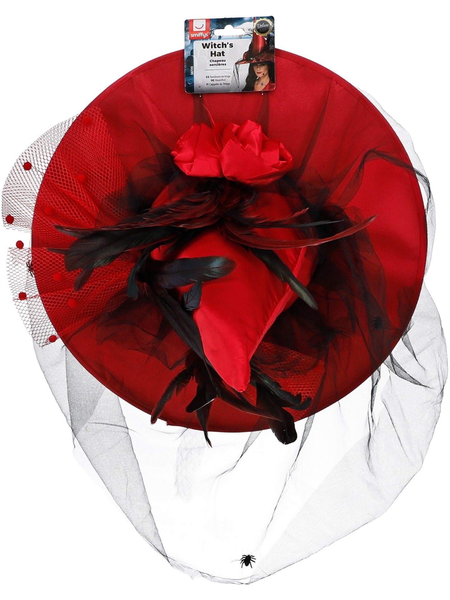 Hut Hexe, Dunkelrot, mit Netz und Federn, Deluxe