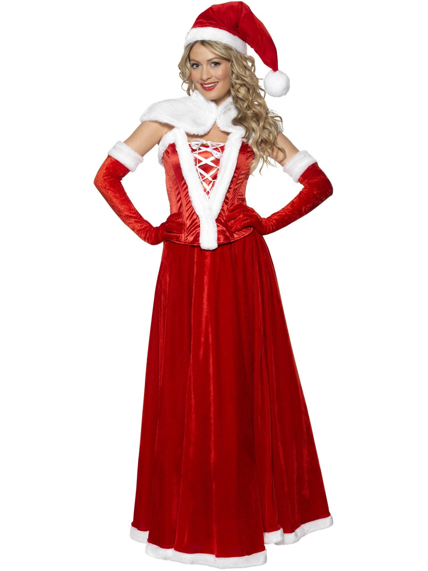 Luxuskostüm Weihnachtsfrau, Rot, mit Mütze, Umhang, Korsage, Rock und Handschuhen