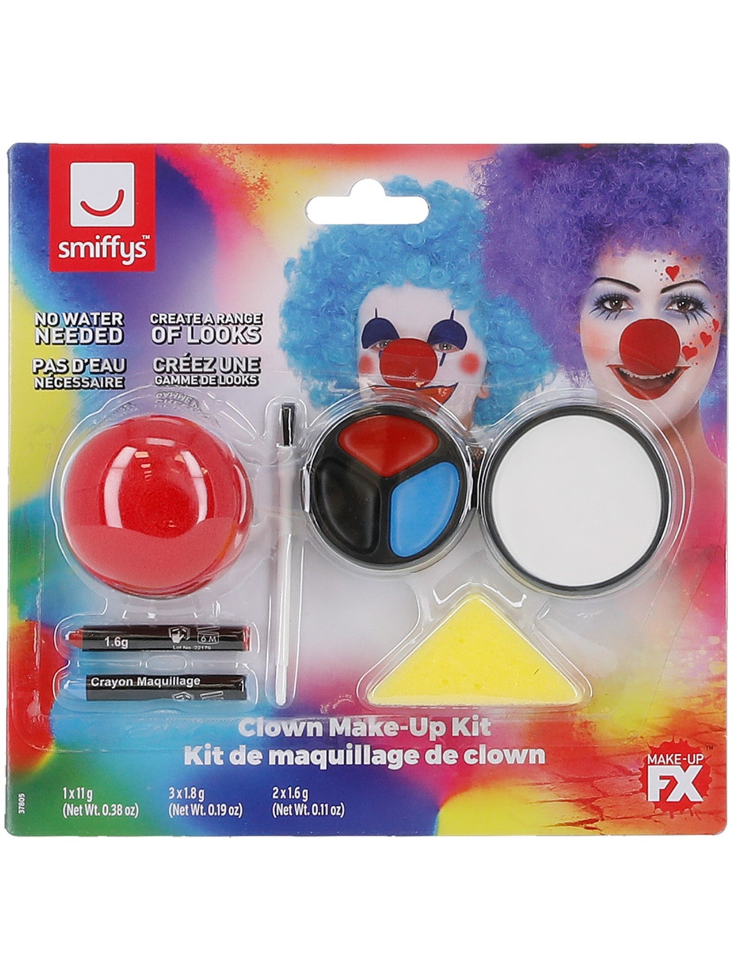 Smiffys Make Up FX, Clown Kit, enthält Gesichtsfarbe, Nase, Fettstifte und Schwamm