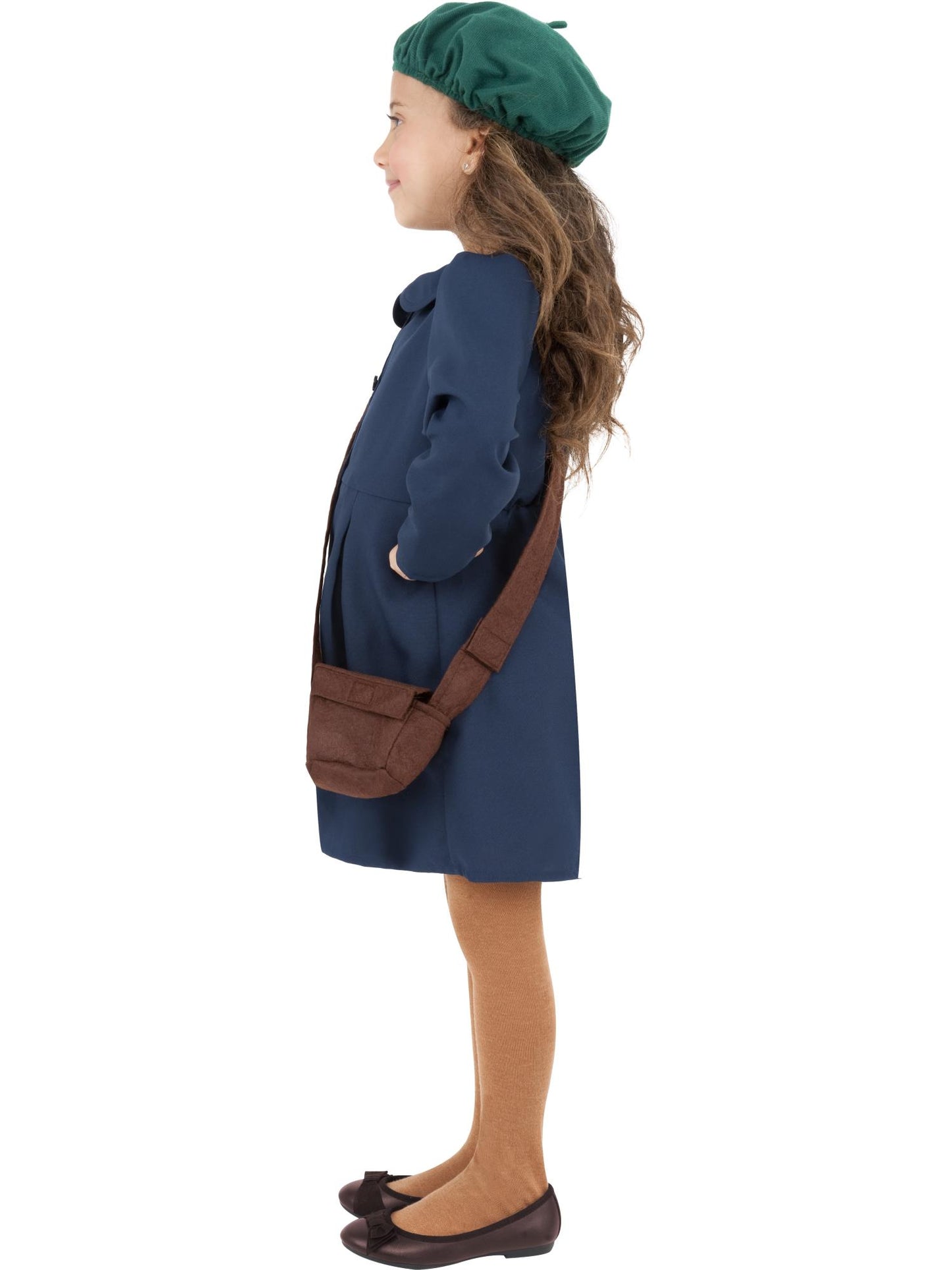 Costume de jeune femme évacuée de la 2ème guerre mondiale, Bleu, avec robe, coiffe et sac