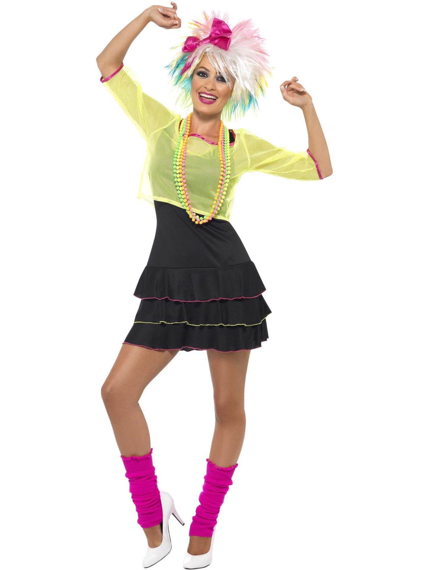 Costume pop star années 80, Noir et jaune, avec haut, robe et bandeau
