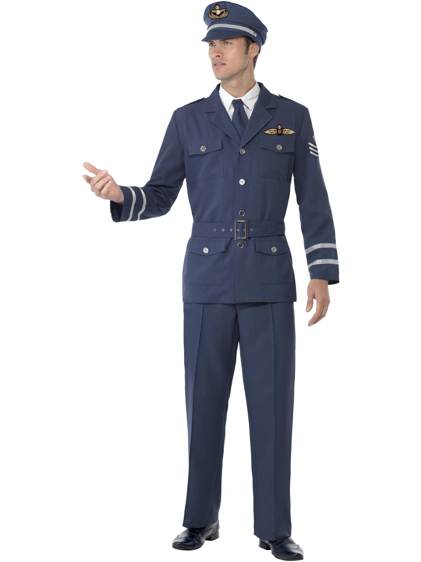 Luftwaffenkapitänskostüm aus dem 2. Weltkrieg, blau, mit Hose, Jacke, Gürtel, Hut und Krawatte