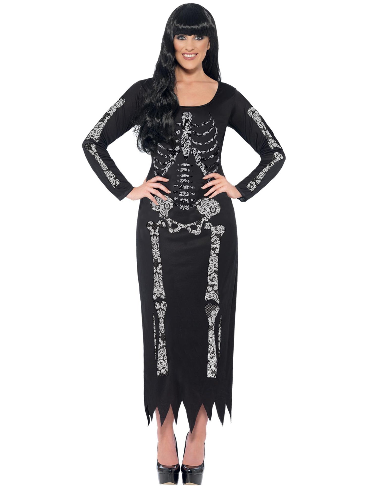 Disfraz de esqueleto, Negro, con vestido ceñido de manga larga