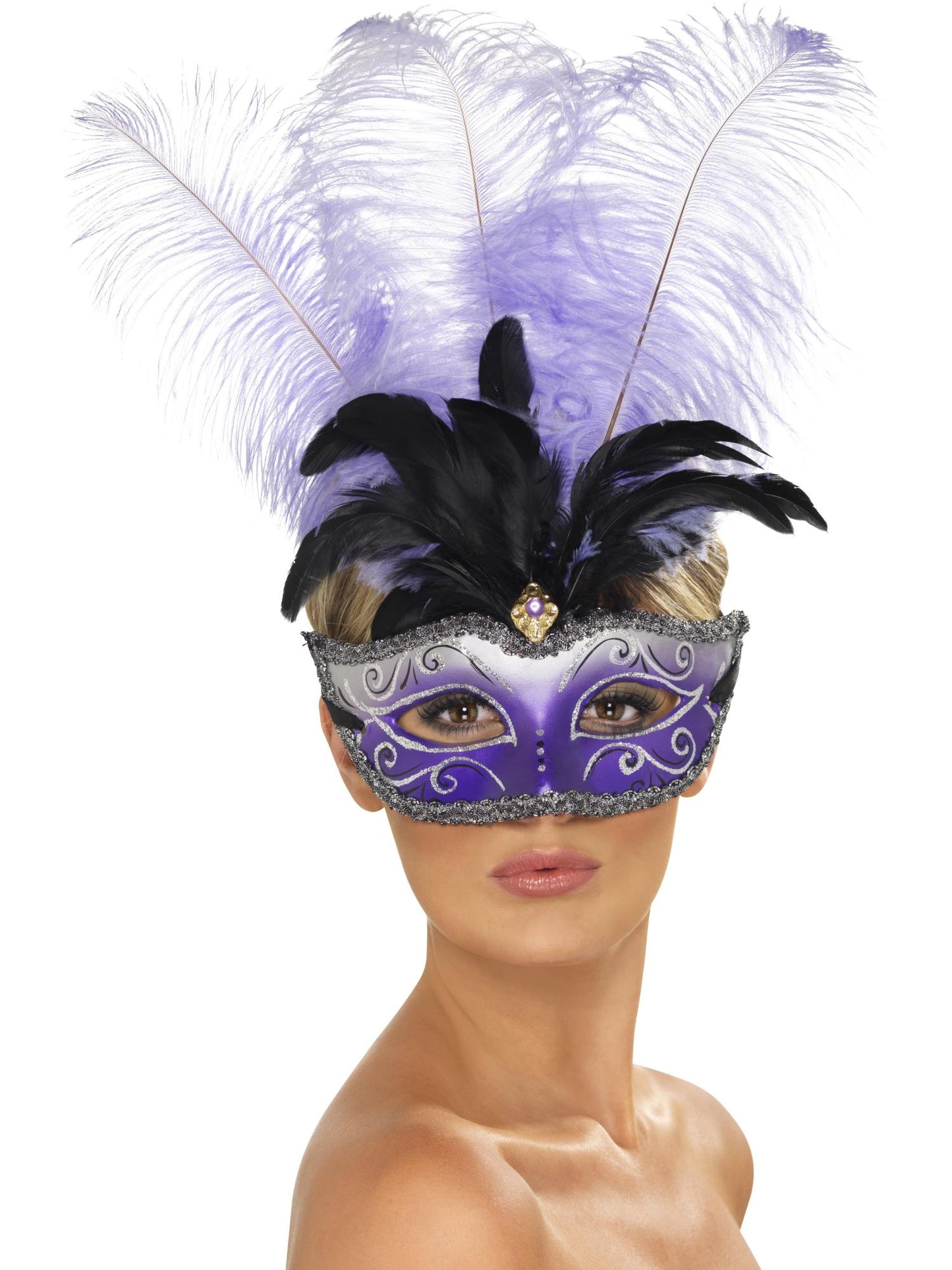 Masque de Colombine vénitienne multicolore et plume
