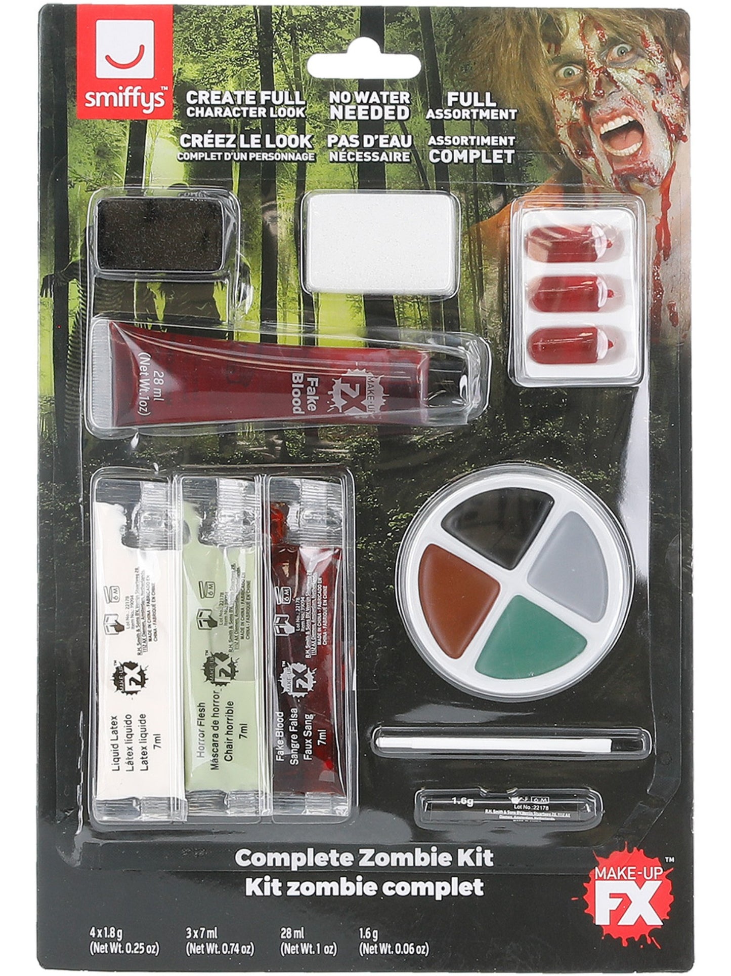 Zombie Latex-Kit, Gesichtsfarbe, künstliches Blut, Blut-Gel, Flüssiglatex, Horror-Fleisch, Blutkapseln, Schminkstift und Applikatoren.