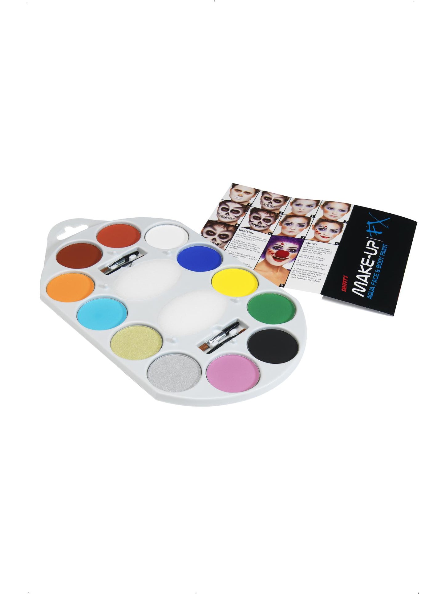 Smiffys Make-Up FX Palette, Aqua Gesichtsund Körperfarbe, 12 Farben, enthält 4 x Pinsel, 2 x Schwamm und Anweisungen, Wasserbasierend