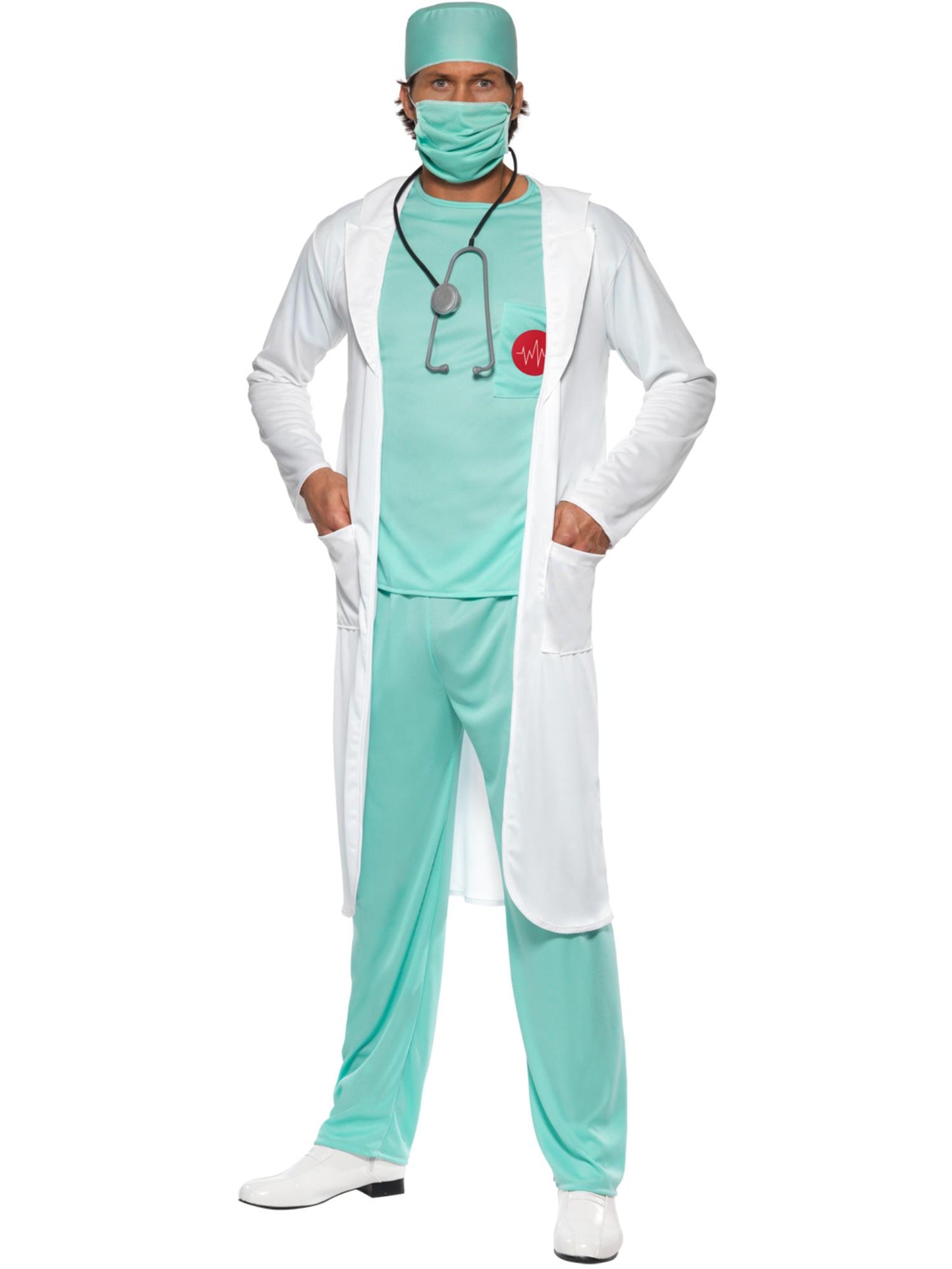 Disfraz de doctor, con top, pantalones, sombrero, máscara, etiqueta clara con nombre y bata