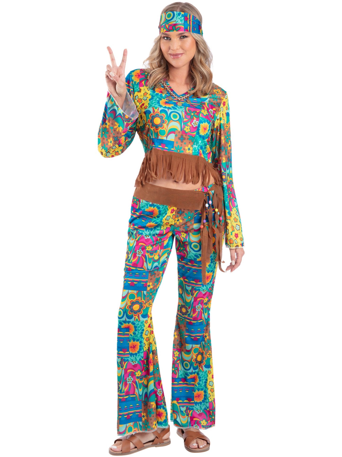 Costume Peace and Love hippie, multi couleurs, avec haut, pantalon, bandeau et ceinture