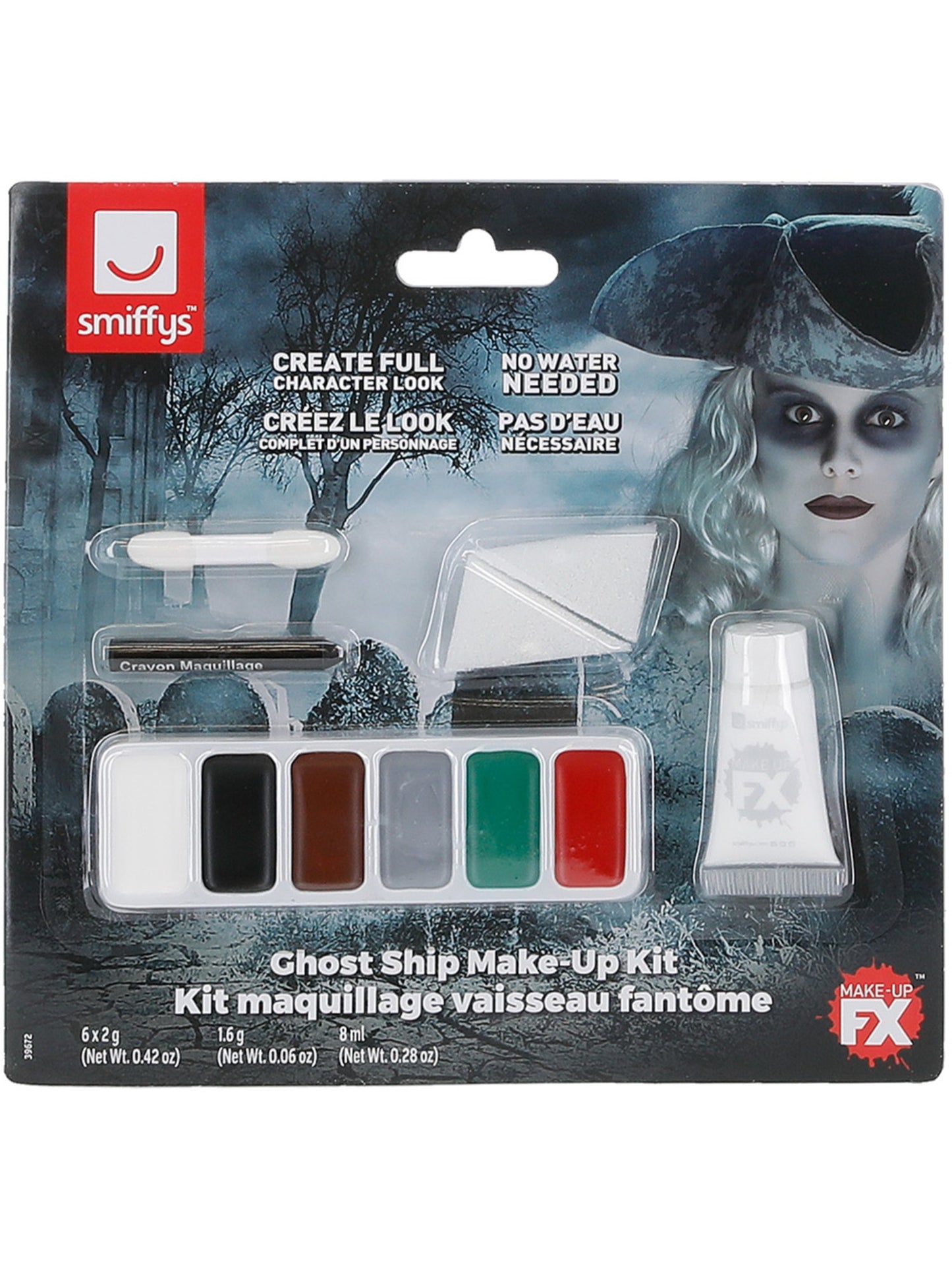 Geisterschiff Make-up-Kit, Grüne, weiße, braune, graue und rote Fettfarbe, Schwarzer Fettstift, Pinsel und 2 Schwämme