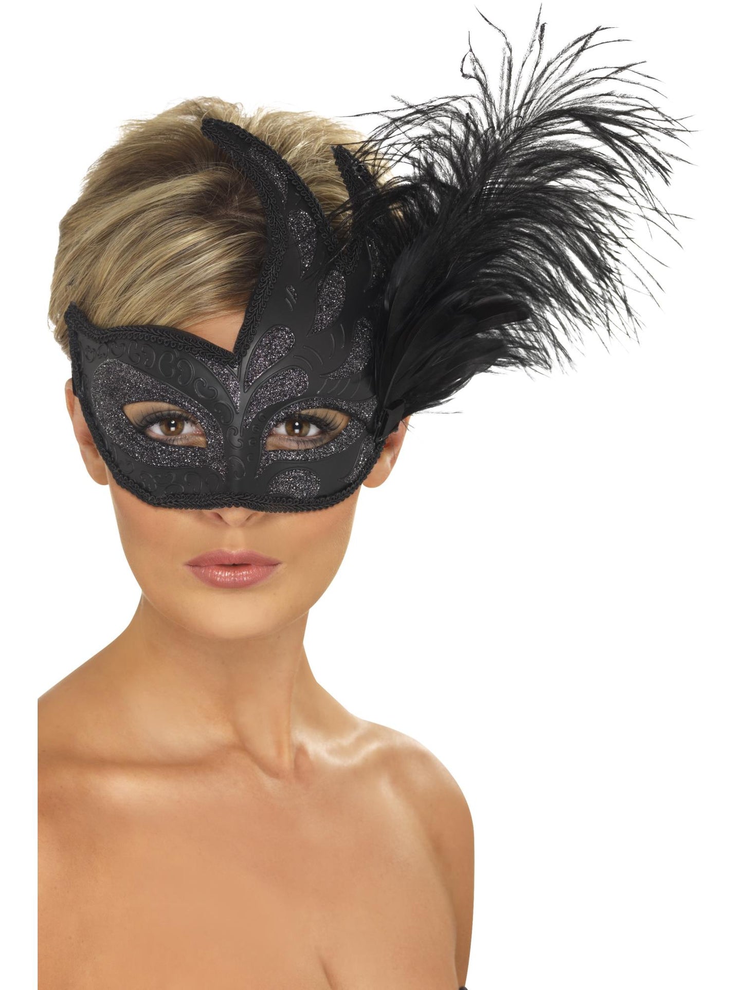 Ornate Colombina Feather Mask, Black Wholesale