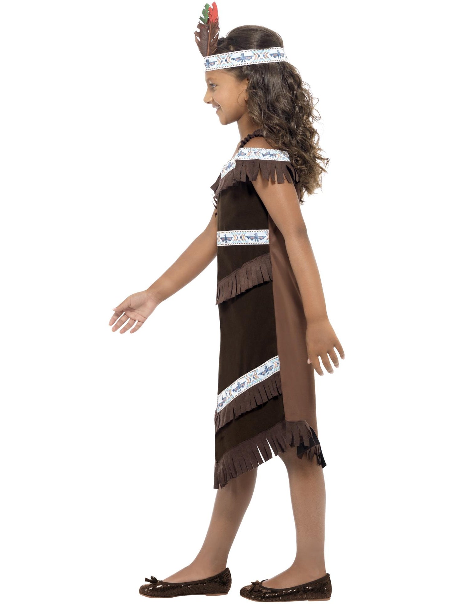 Disfraz de niña inspirado por las americanas nativas, marrón, vestido con flecos y cinta para la cabeza con plumas