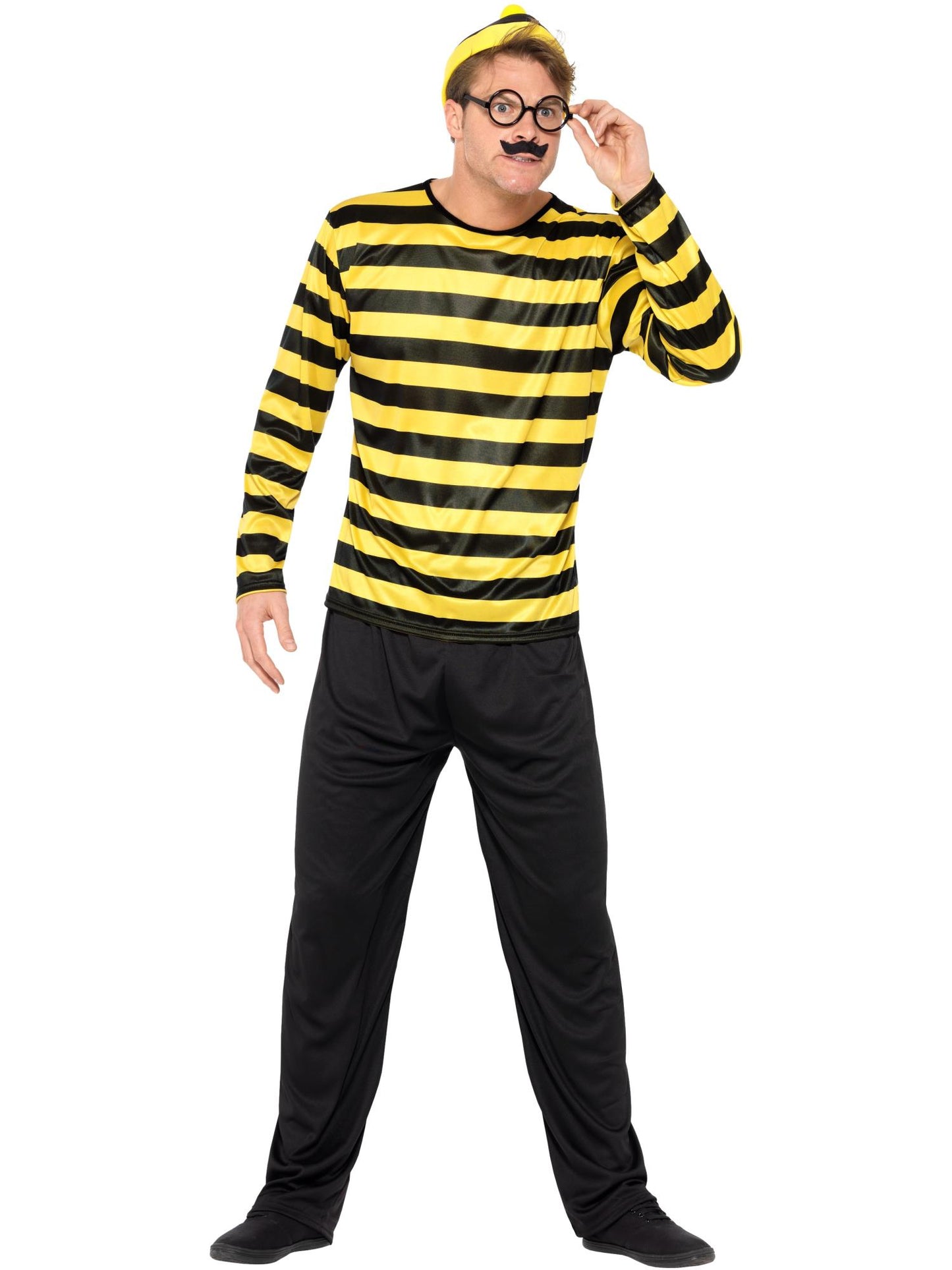 Costume Where's Wally Odlaw, Noir et jaune, avec haut, pantalon, chapeau, moustache et lunettes