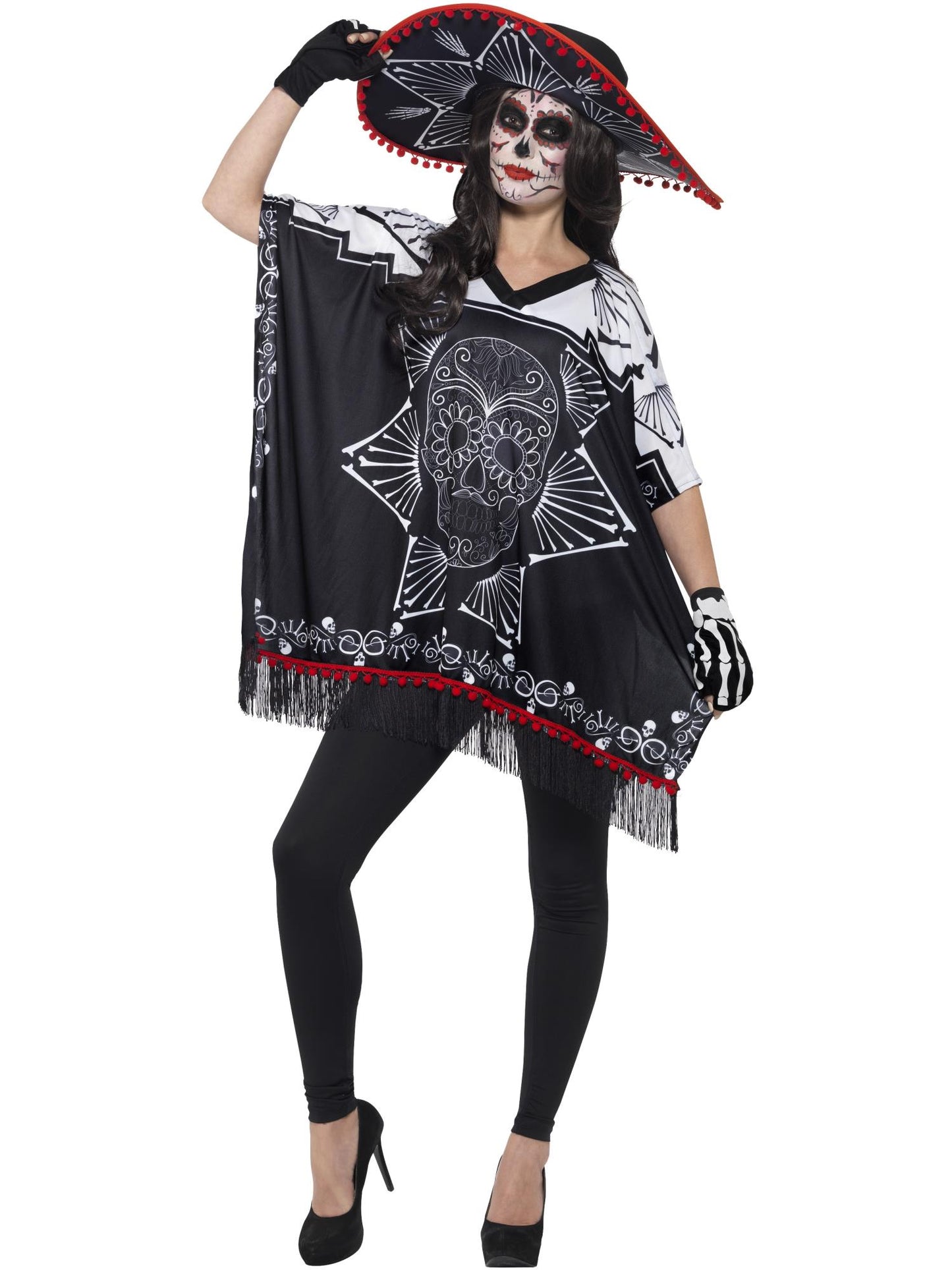 Tag der Toten Banditenkostüm, Schwarzund Weiß, mit Poncho, Sombreround Handschuhen