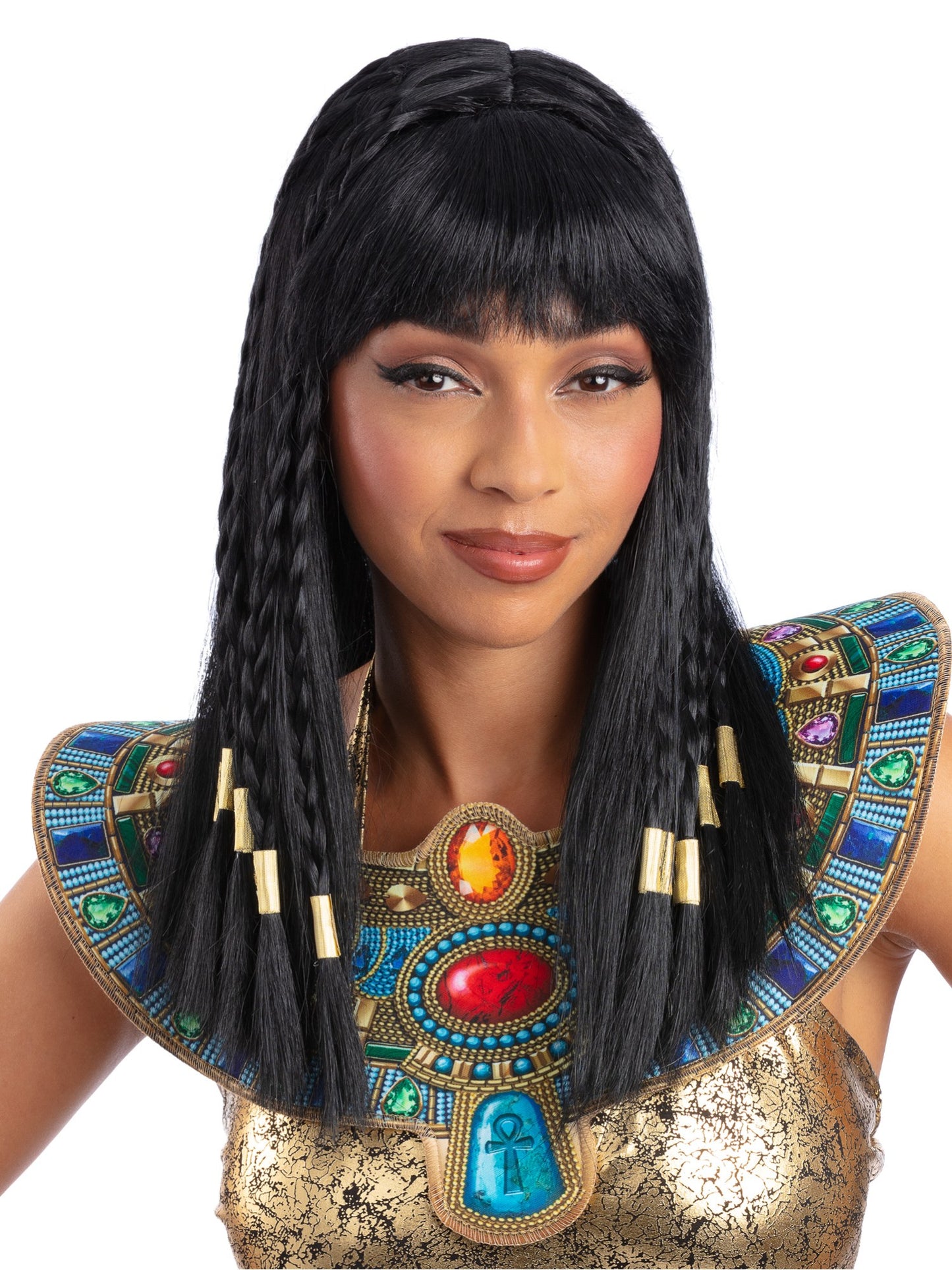 Perruque cléopatre, noire, à nattes avec bordure blonde
