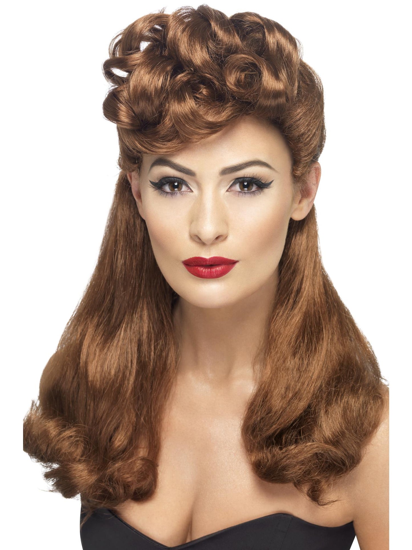 40er Vintage-Perücke, Kastanienbraun, Lang, oben mit Locken