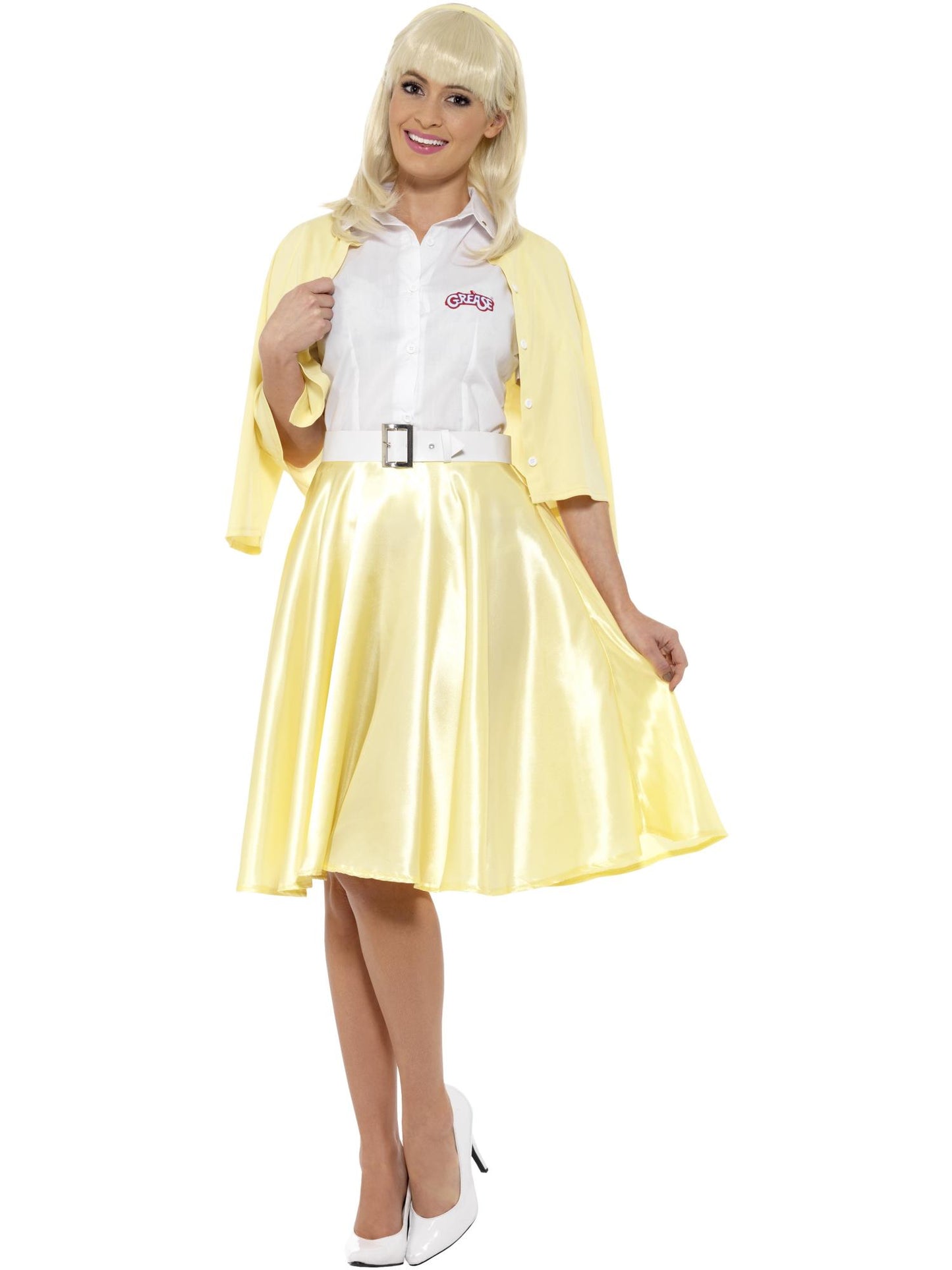 Grease Sandy Kostüm, Gelb, mit Rock, vorgetäuschter Strickjacke, Gürtel Haarreif