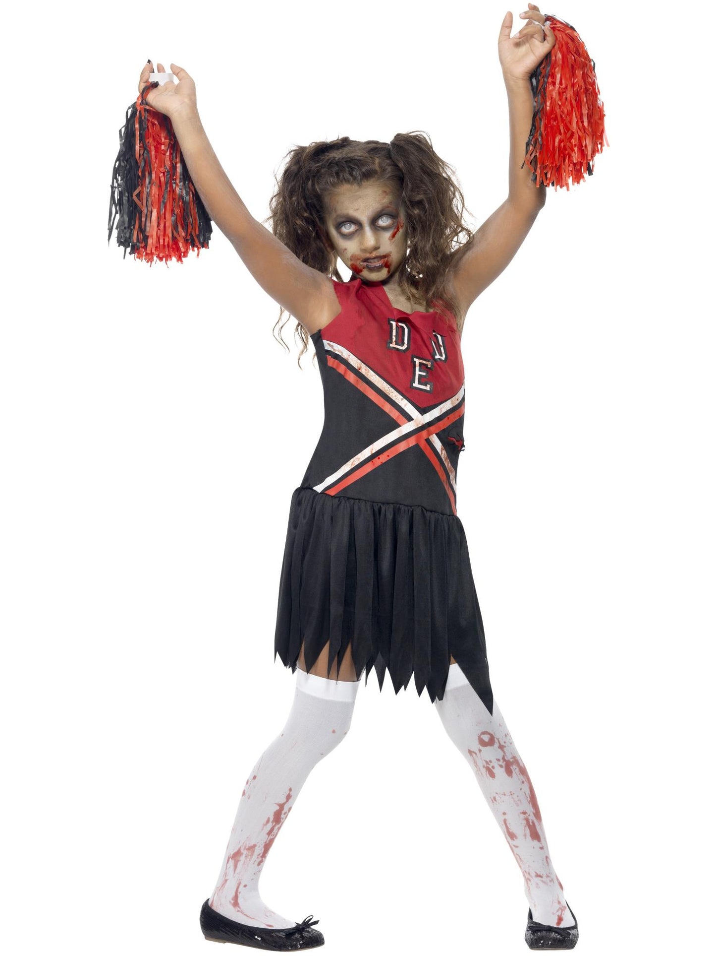 Costume cheerleader zombie, Rouge & Noir, avec robe tachée de sang & Pom Poms