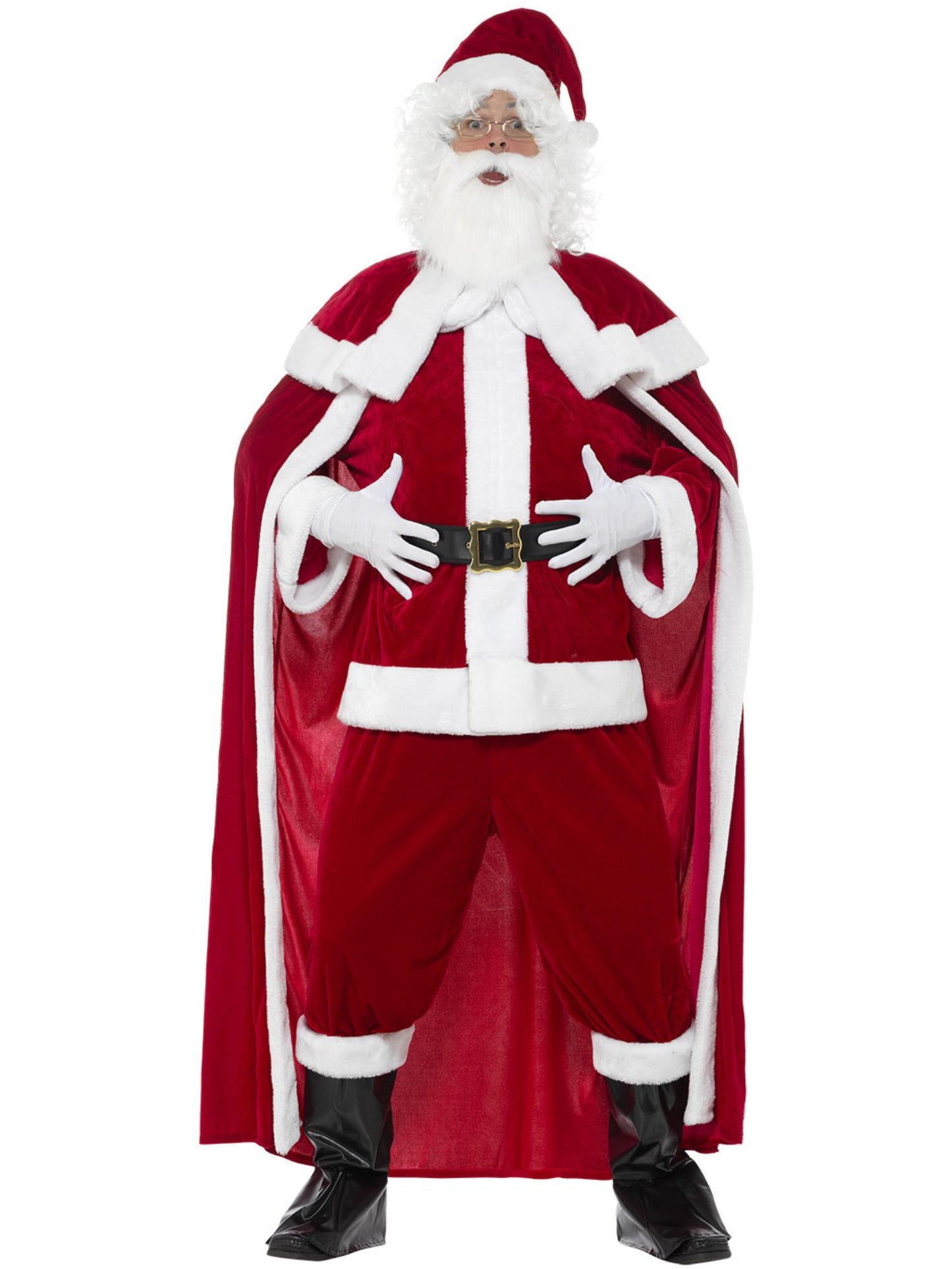 Deluxe Weihnachtsmann-Kostüm, Rot, mit Hose, Jacke, Umhang, Gürtel, Stiefelüberziehern, Handschuhen, Bart & Mütze