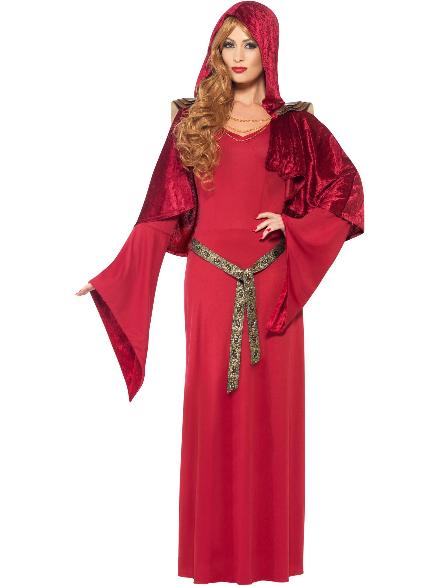 Costume de Grande Prêtresse, Rouge, avec Robe, Ceinture et Cape à Capuche