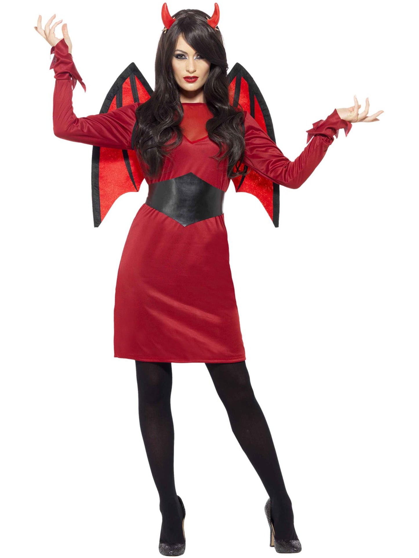 Kostüm Teufelchen, mit Kleid, Flügeln, Gürtel und Hörnern
