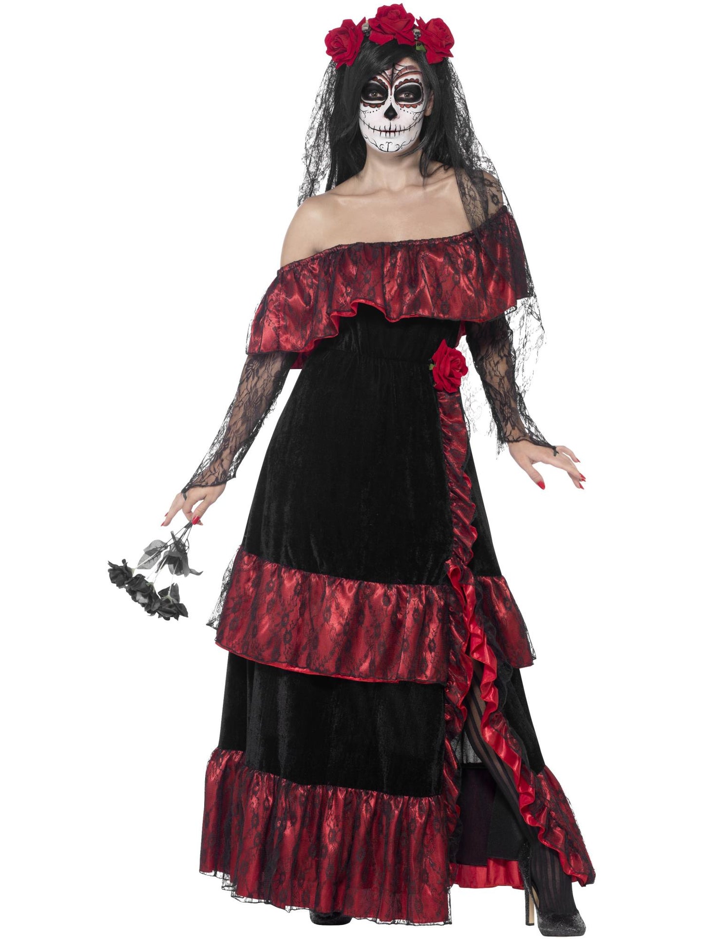 Kostüm Tag der Toten Braut, mit Kleid und Rosenschleier