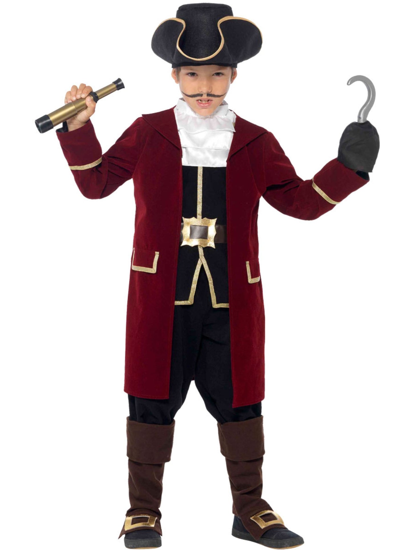 Deluxe Piratenkapitän Kostüm, Schwarz, mit Jacket, Westenattrappe, Hosen, Halstuch und Hut