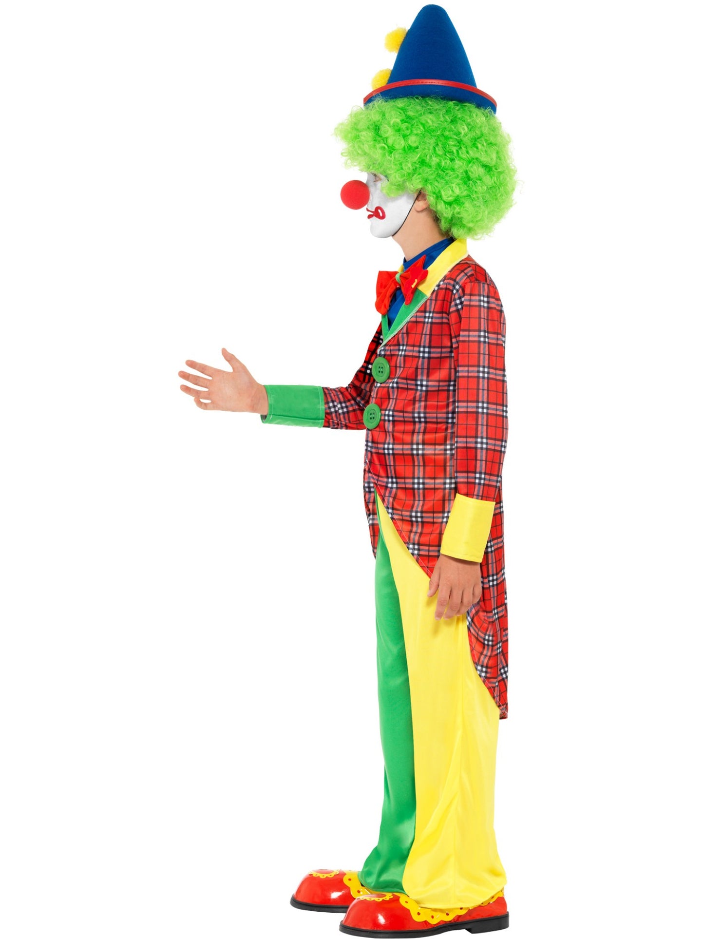 Clown Kostüm, Rot und Grün, mit Jacke, Hose und Mock Hemd mit Fliege