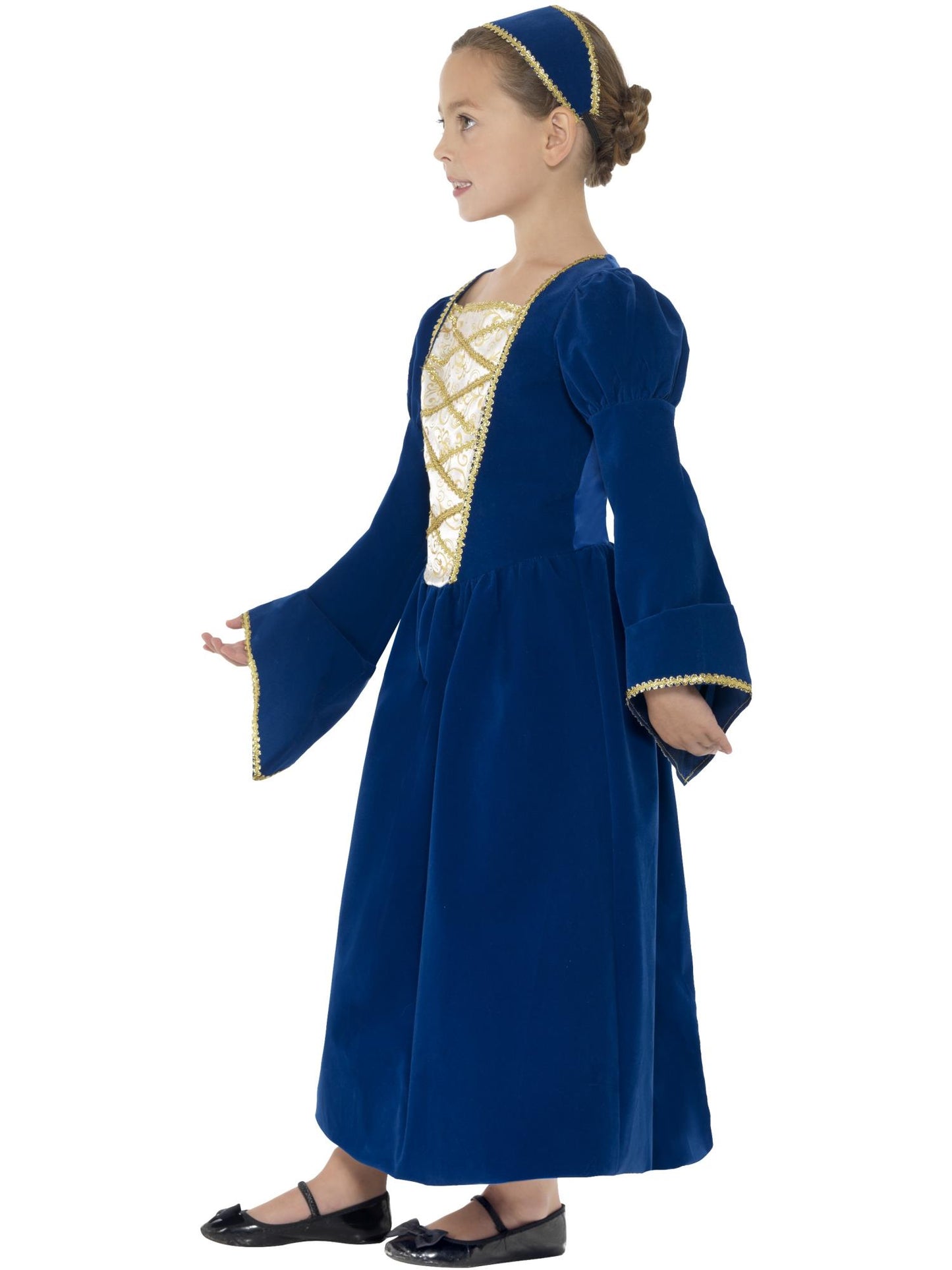 Disfraz de niña princesa Tudor, azul eléctrico, vestido y elemento para el pelo