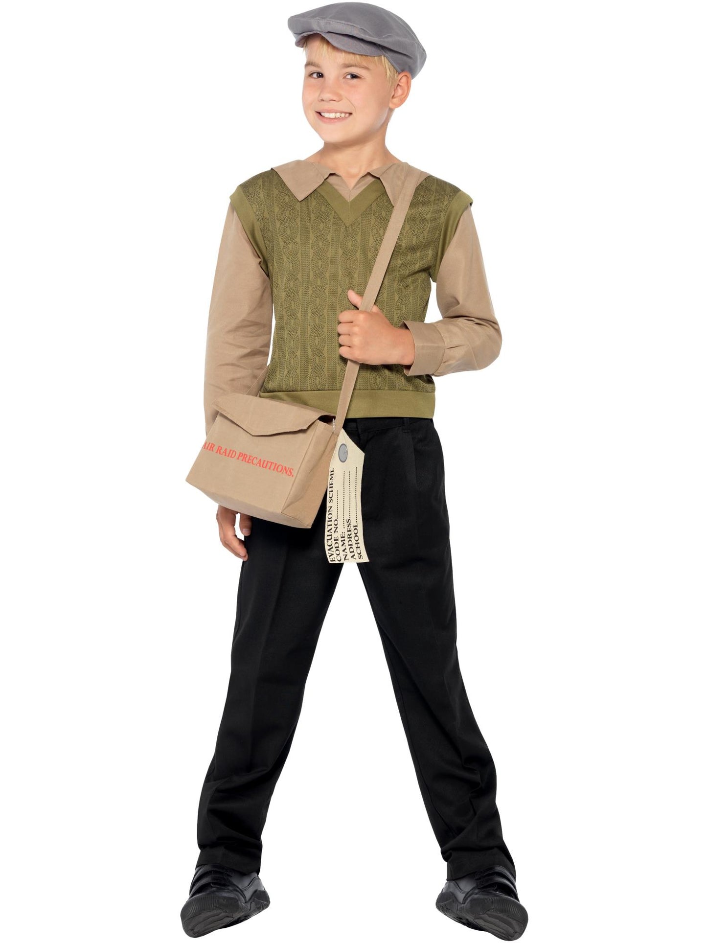 Kit de Garçon Evacué de la Seconde Guerre Mondiale, Vert, avec Pull, Chemise Attachée, Chapeau, Sac et Etiquette