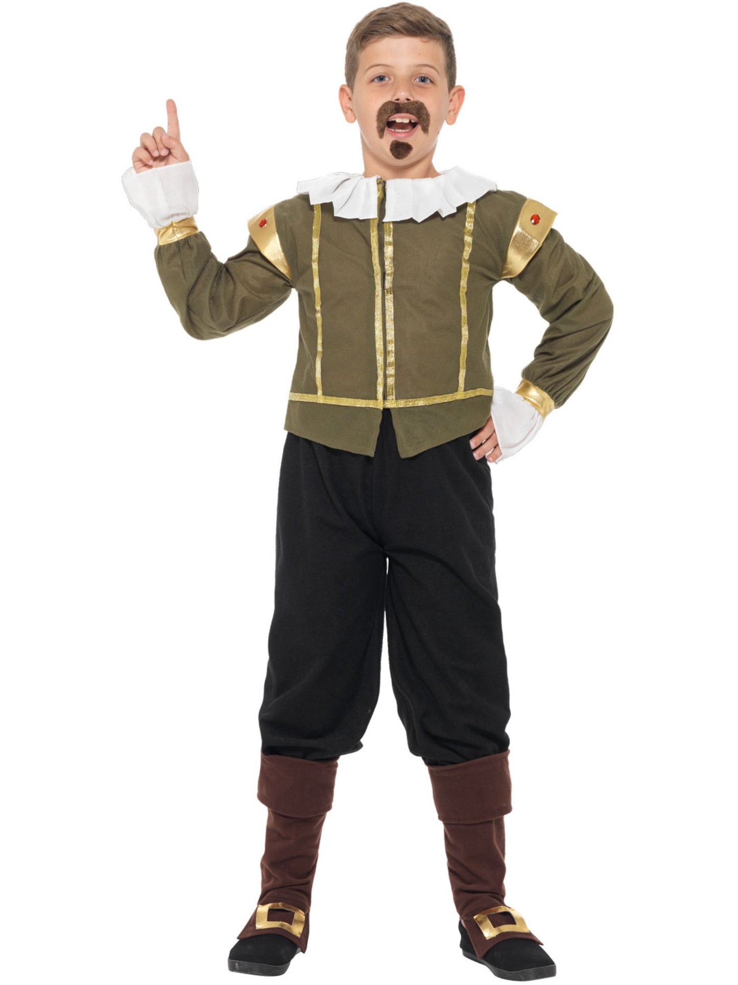 Costume Shakespeare, Vert, Veste, pantalon, couvre-bottes, moustache et bouc