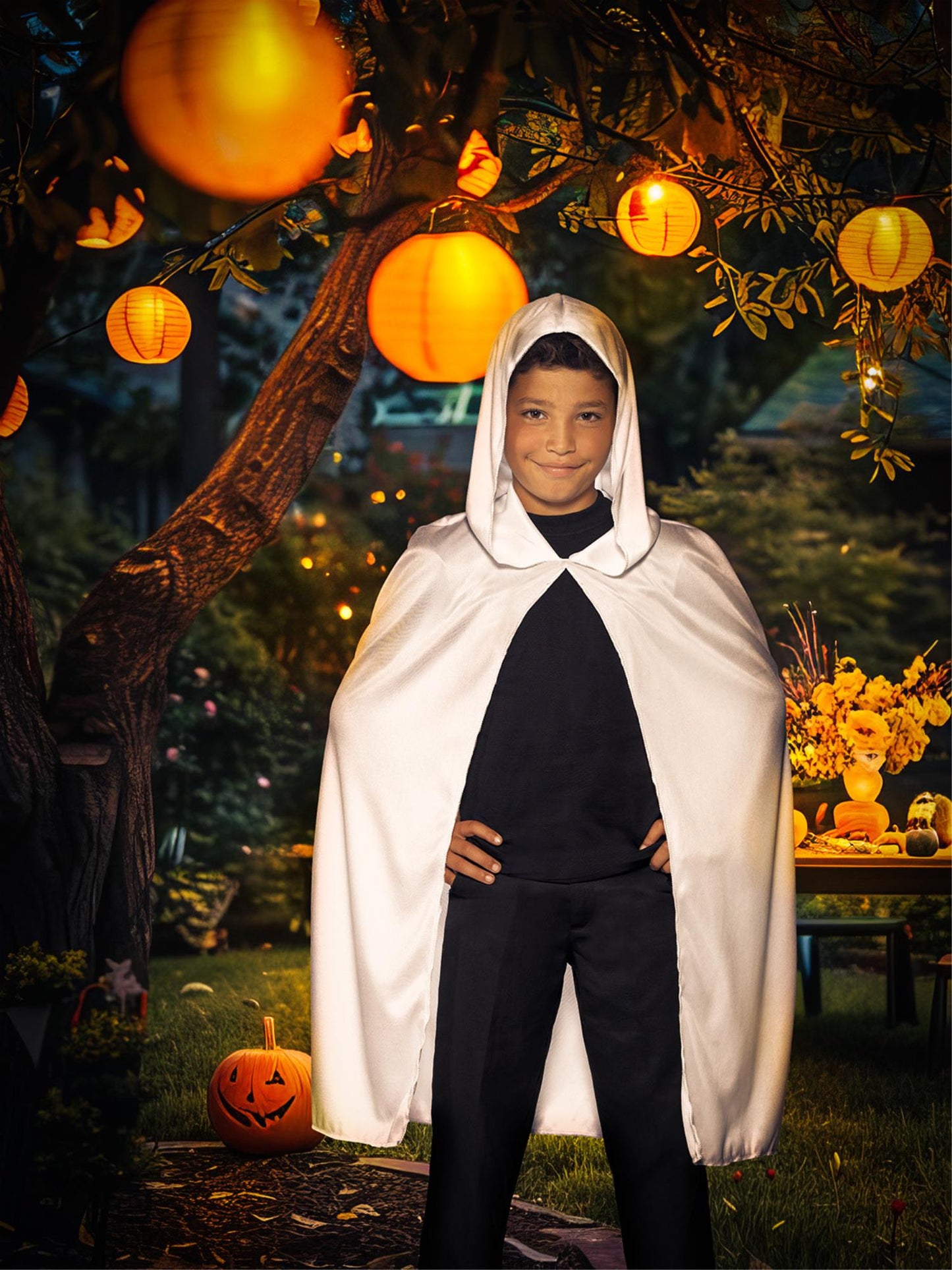 Cape à capuche, Blanc, Long