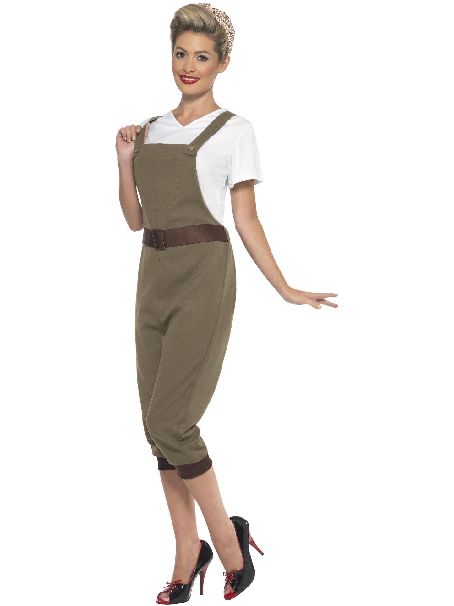 Costume jeune fille travaillant la terre 2ème guerre mondiale, kaki, avec haut, redingote et foulard