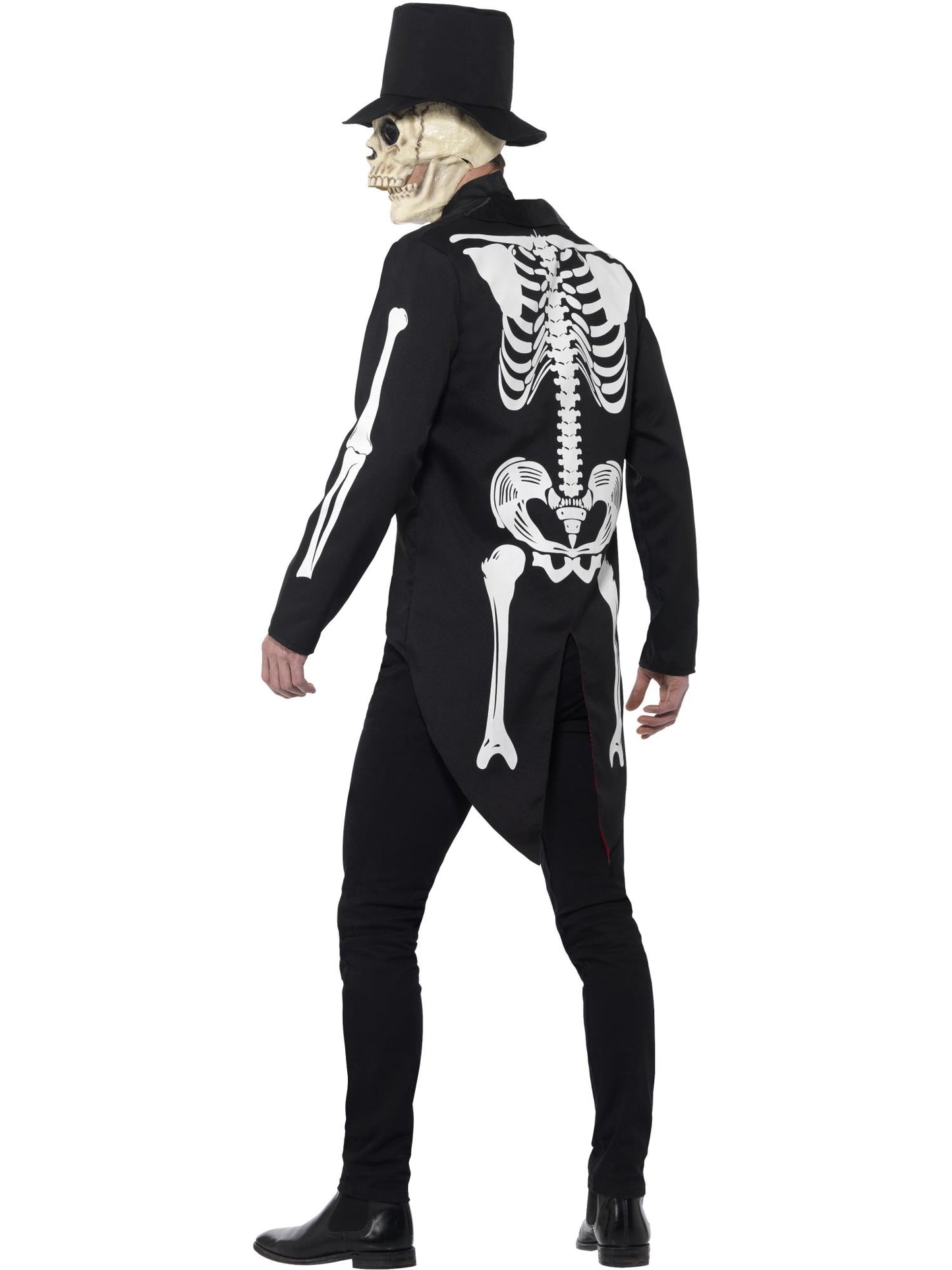 Tag der Toten Señor Skelettkostüm, Schwarz, mit Jacke, vorgetäuschtem Hemd, Krawatte, Hut und Latexmaske