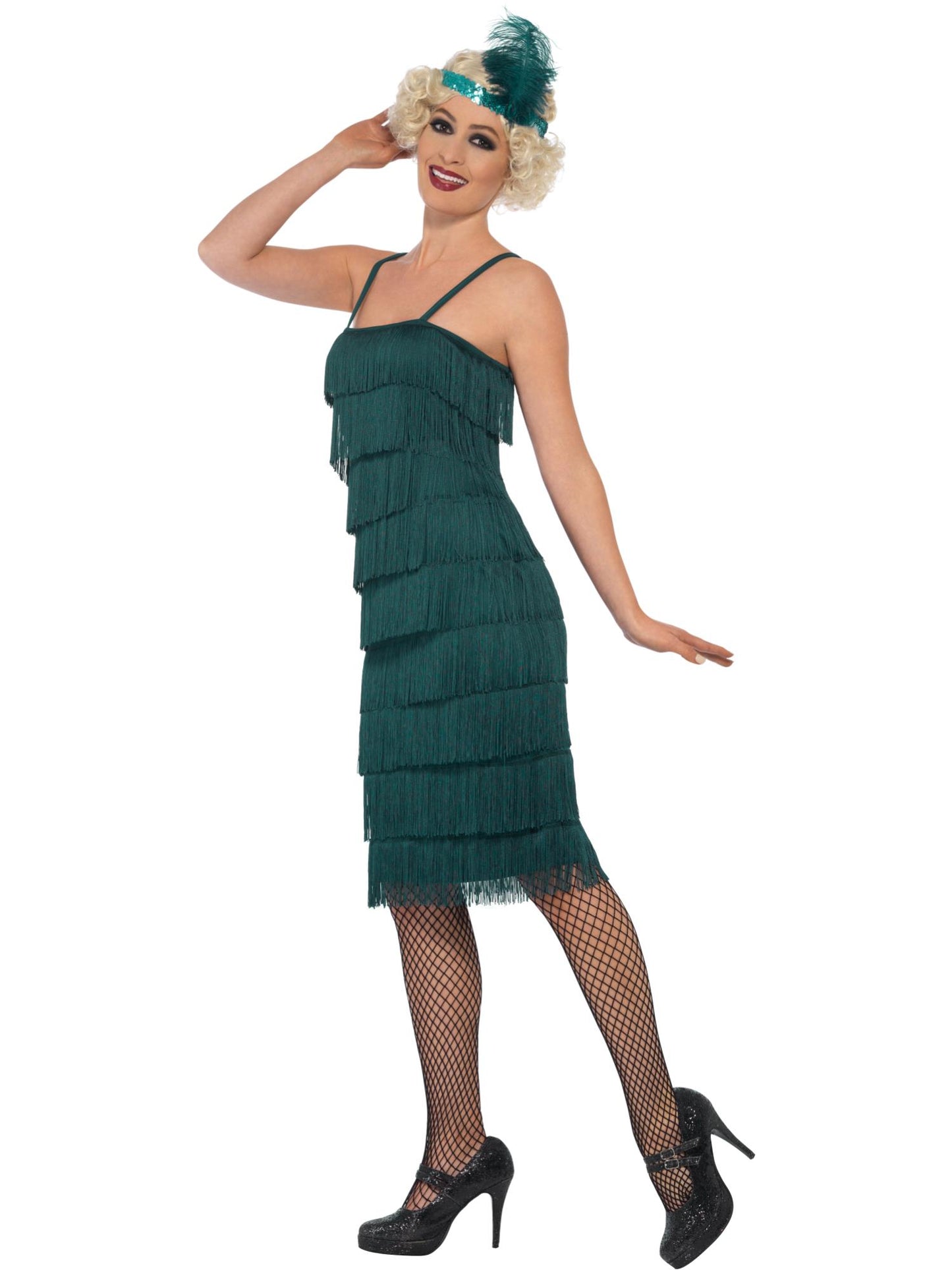 Disfraz de años 20, Verde, con vestido largo, tocado y guantes