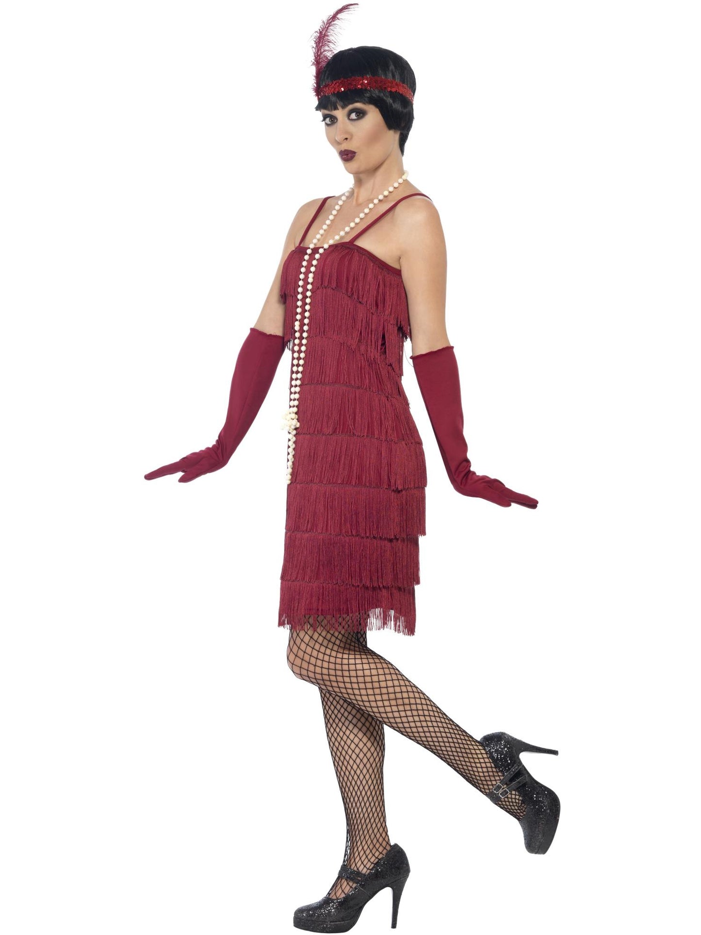 Flapper Kostüm, Rot, mit kurzem Kleid, Kopfschmuck & Handschuhen
