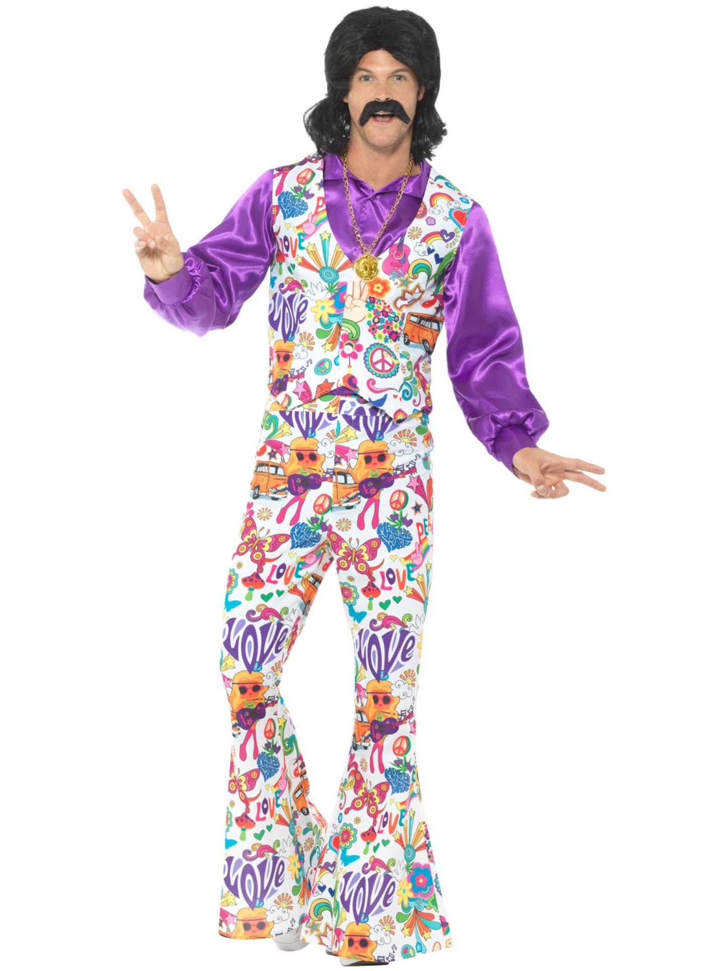 60er-Jahre Groovy-Hippie-Anzug, mehrfarbig, mit Weste, Hemd und Schlaghose