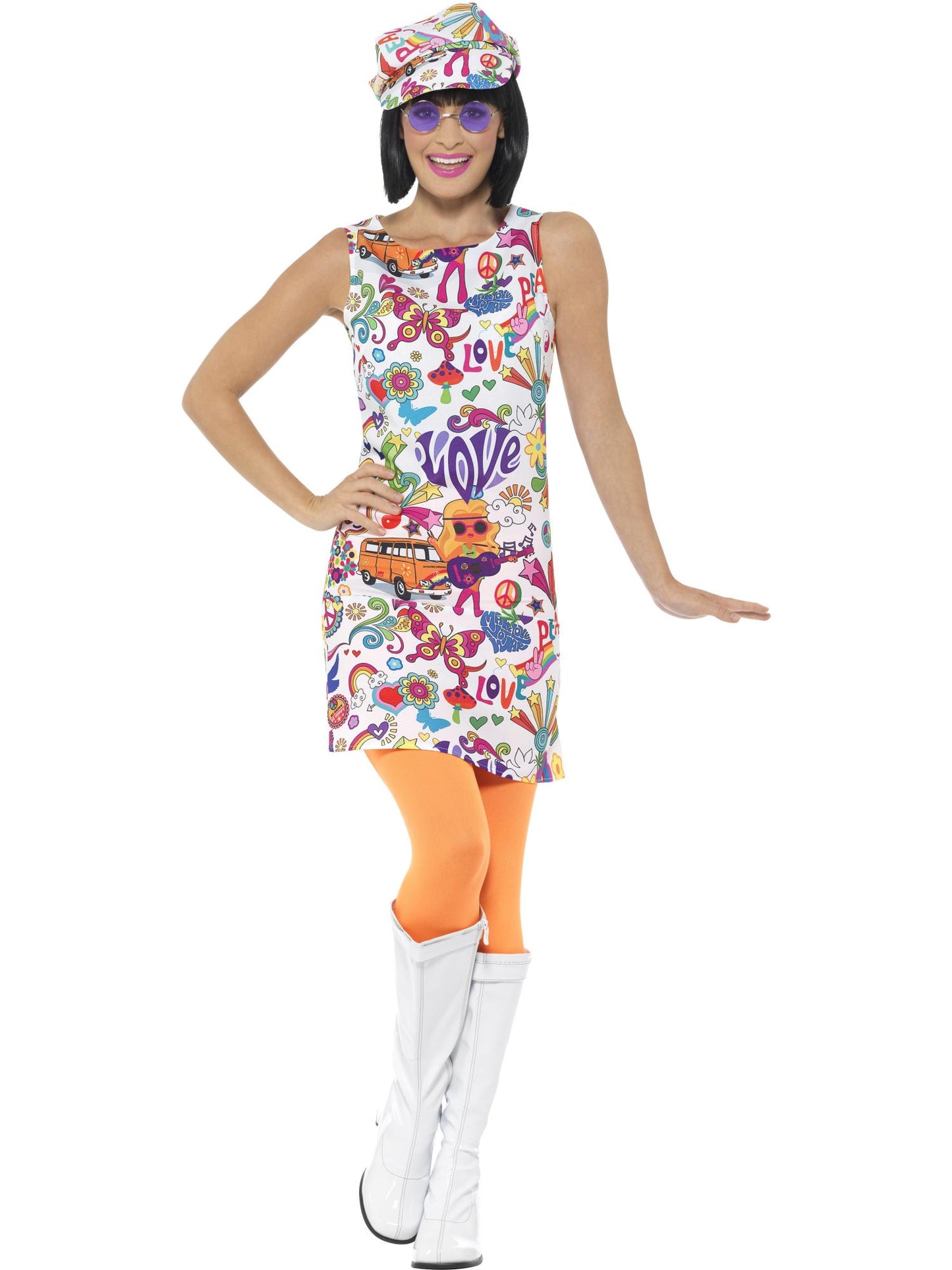 60er-Jahre Groovy-Mädchen-Kostüm, mehrfarbig, mit Kleid und Mütze