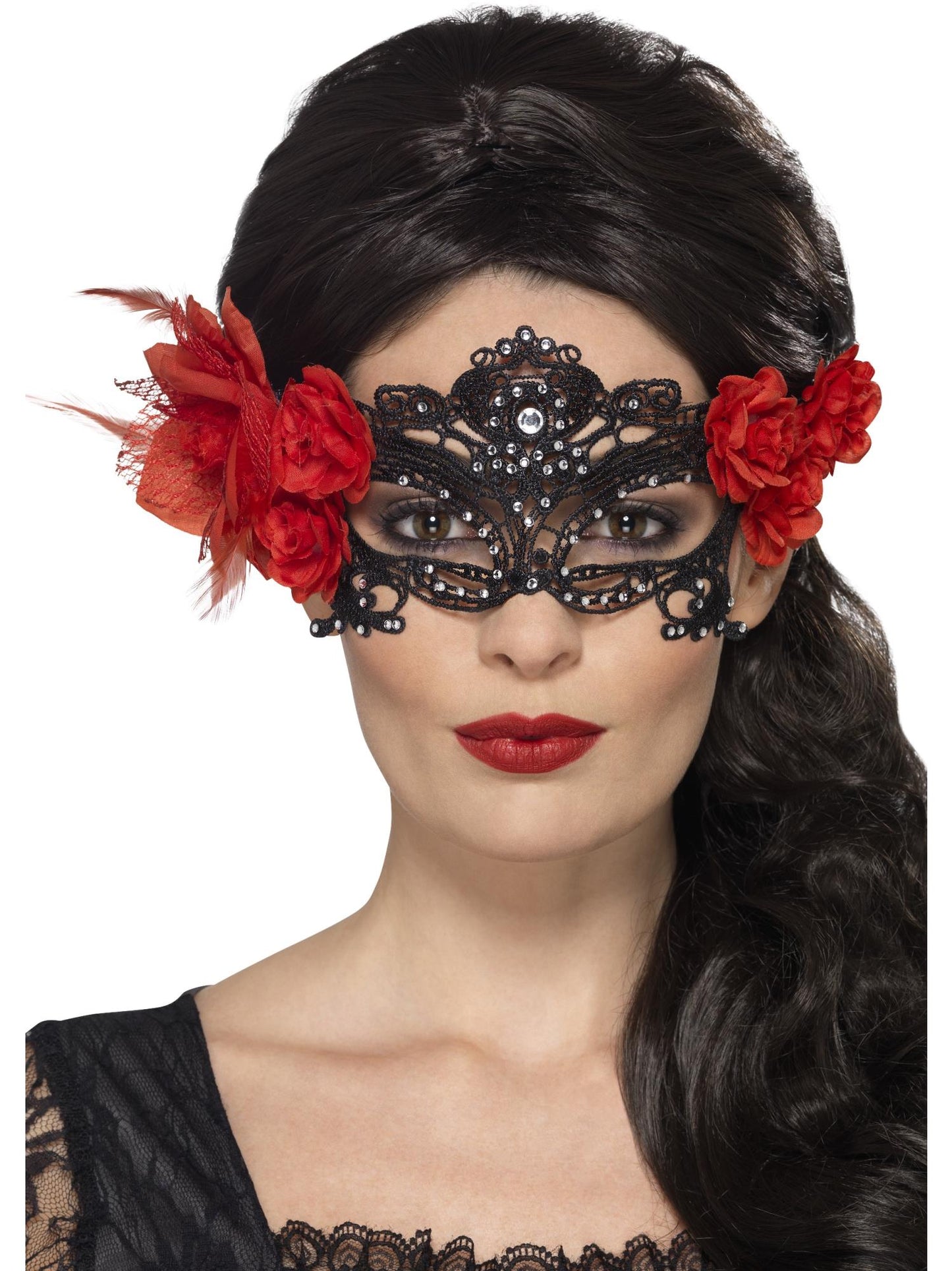 Masque pour les yeux filigrane dentelle Jour des morts, Noir, avec roses et plume