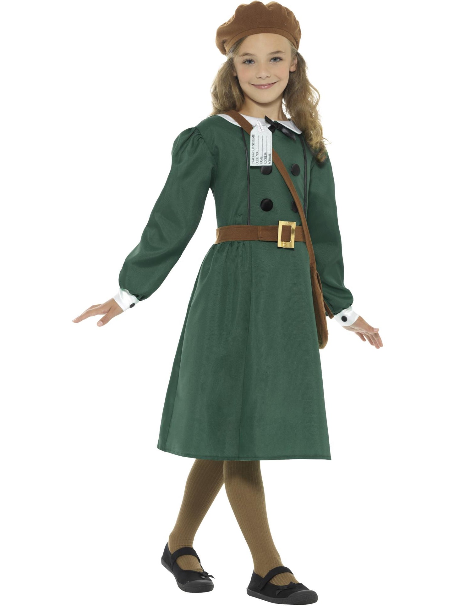 Costume fille évacuée Deuxième guerre mondiale, vert, avec robe, chapeau, sac et étiquette avec nom