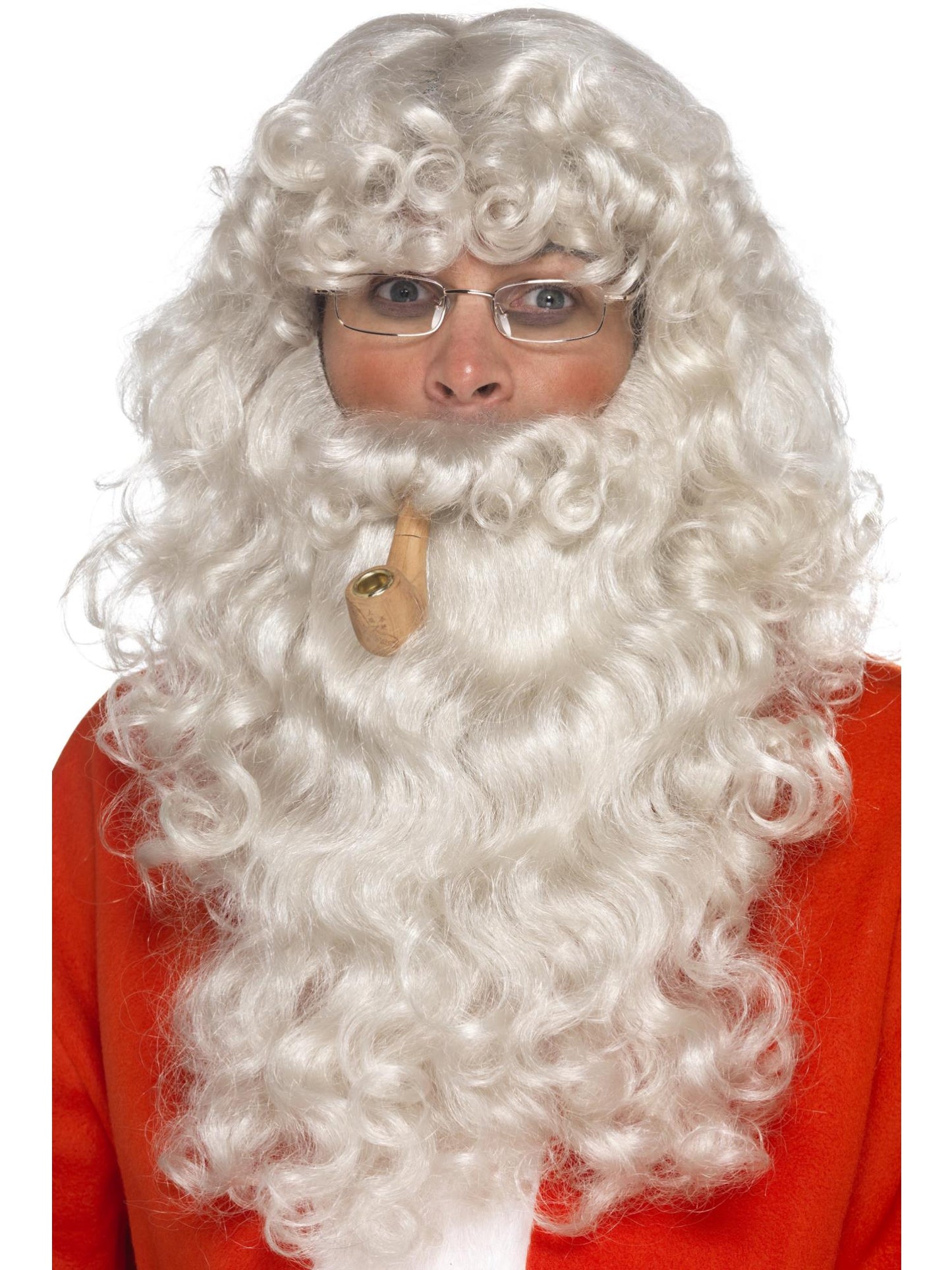 Weihnachtsmann-Kostüm-Kit, Grau, mit Perücke, Bart, Brille und Pfeife
