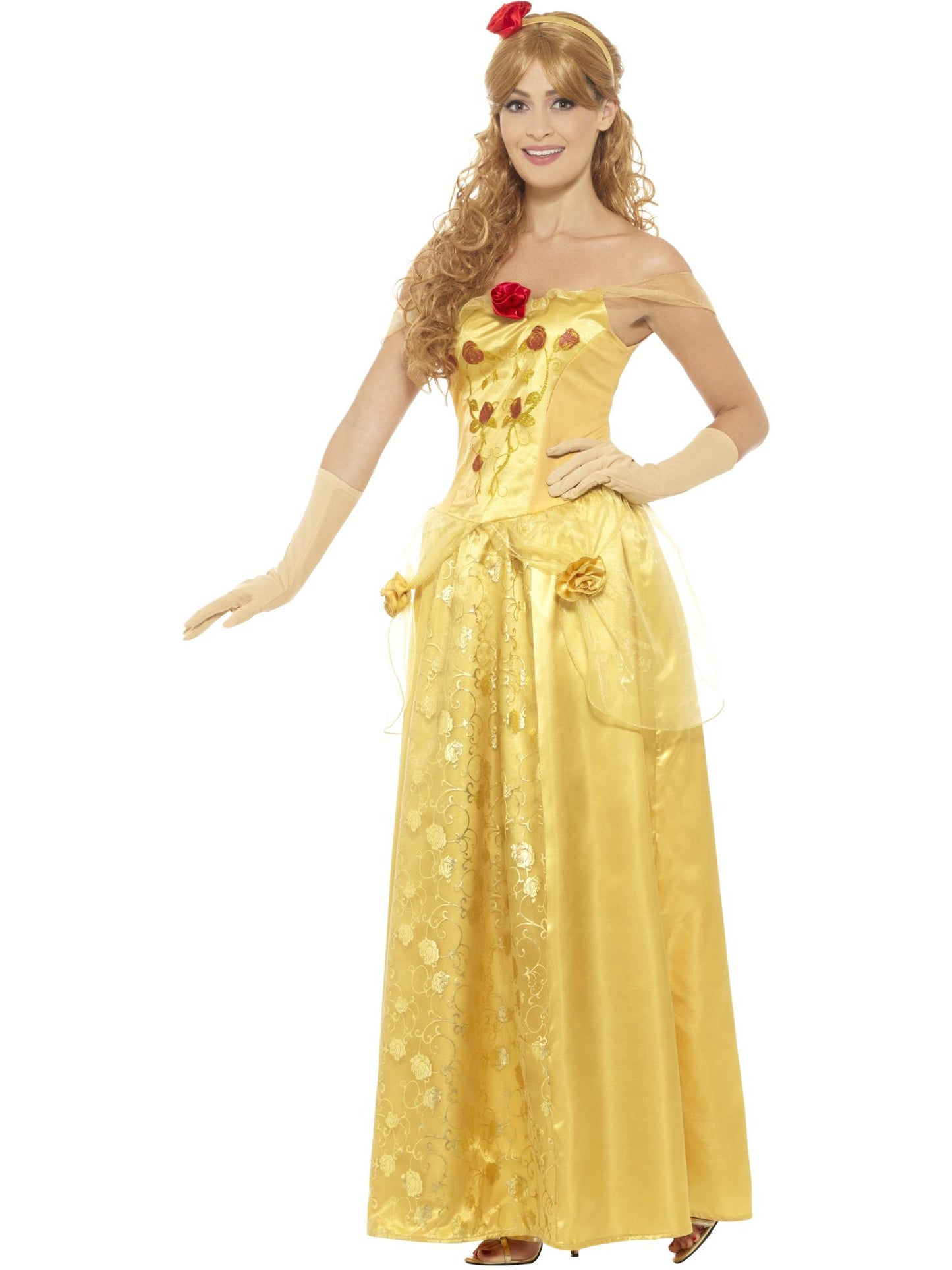 Disfraz de princesa de oro, dorado, con vestido largo, guantes y diadema