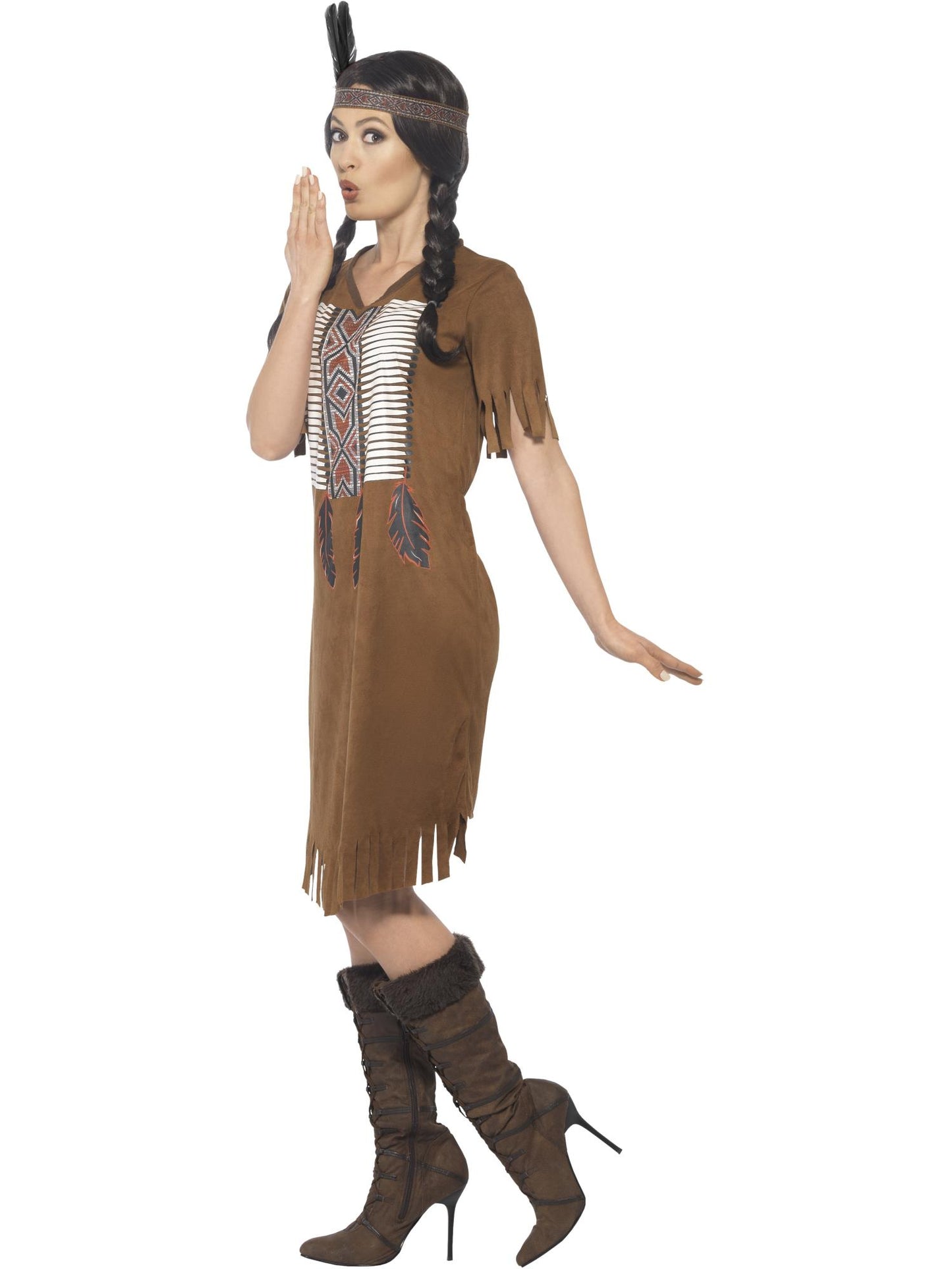 Indianer-Krieger-Prinzessin-Kostüm von amerikanischen Ureinwohnnern inspiriert, braun mit Kleid und Kopfschmuck