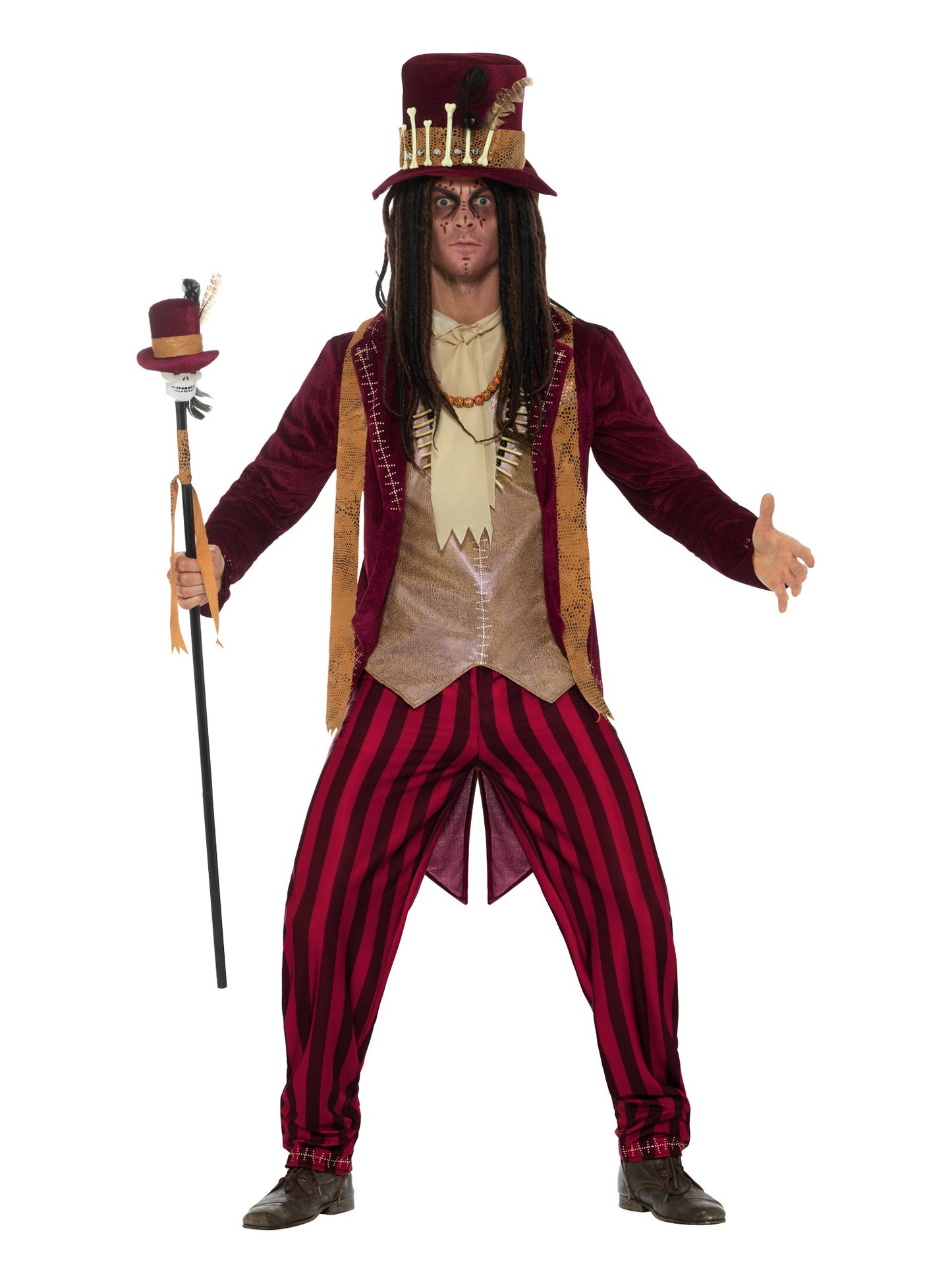 Déguisement médecin sorcier vaudou Deluxe, Rouge, avec pantalon, veste, gilet, colliers et chapeau
