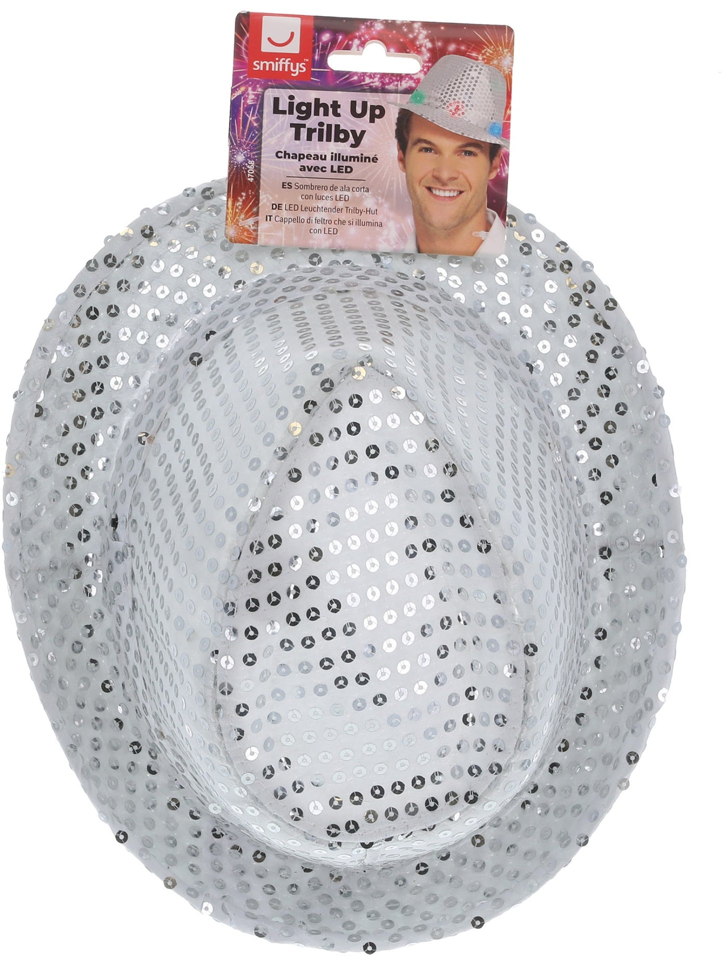 Sombrero de ala corta con luces y lentejuelas, plateado, con luces LED multifunción