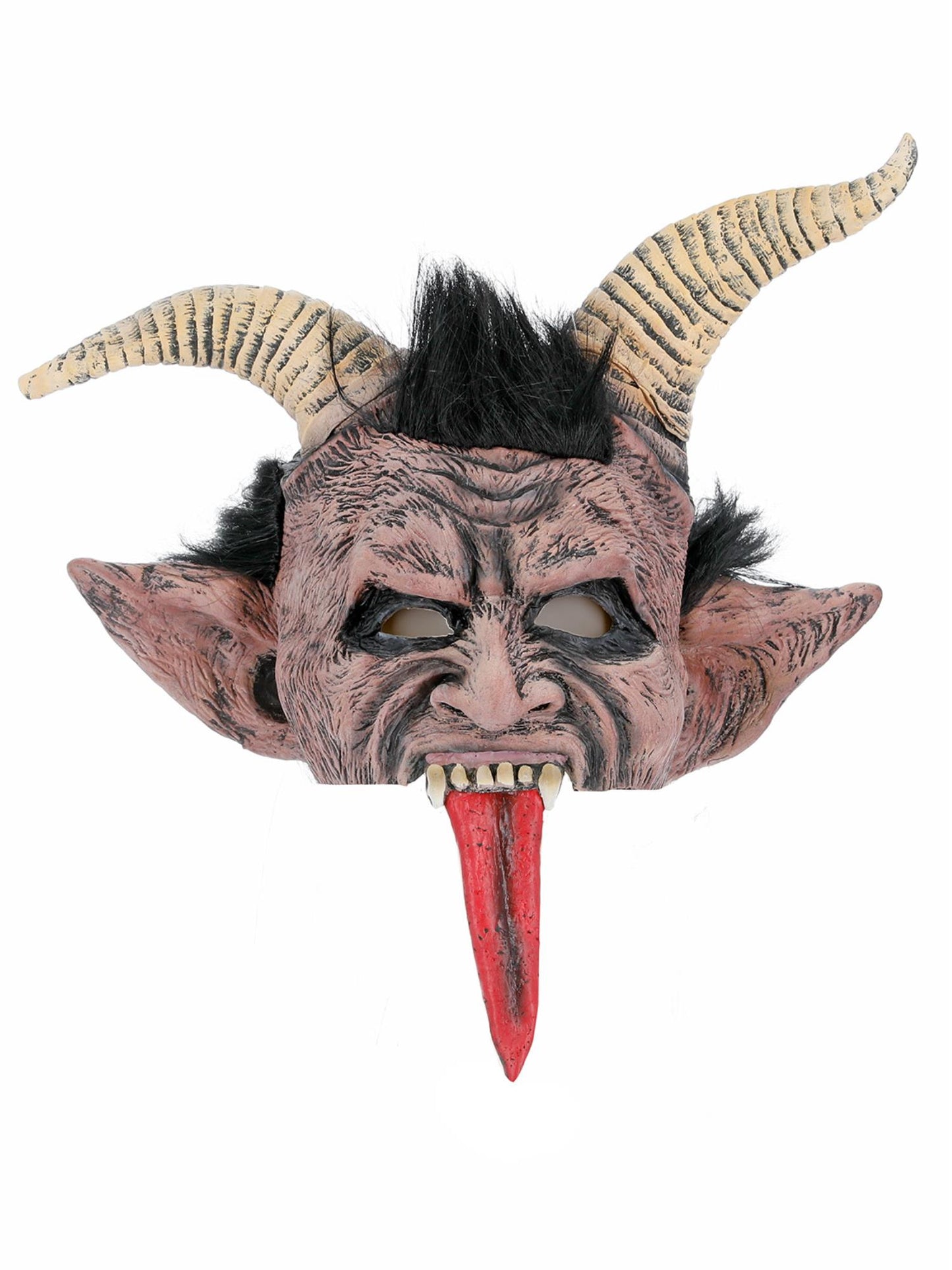 Masque démon de Noël Krampus, marron, latex, couvrant la tête, avec fourrure et cornes