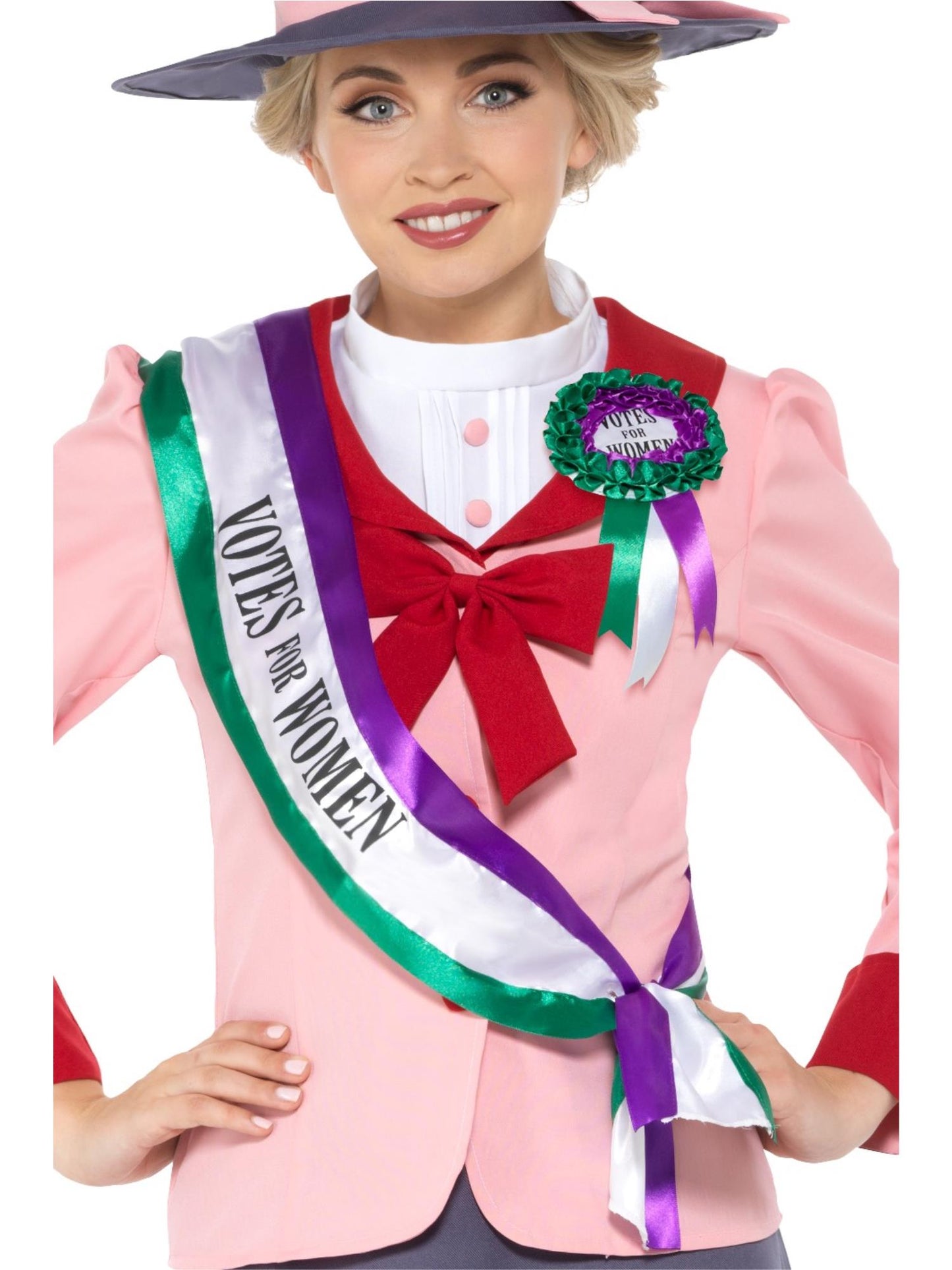 Ensemble suffragette victorienne, Blanc et violet, Avec l'écharpe et la rosette