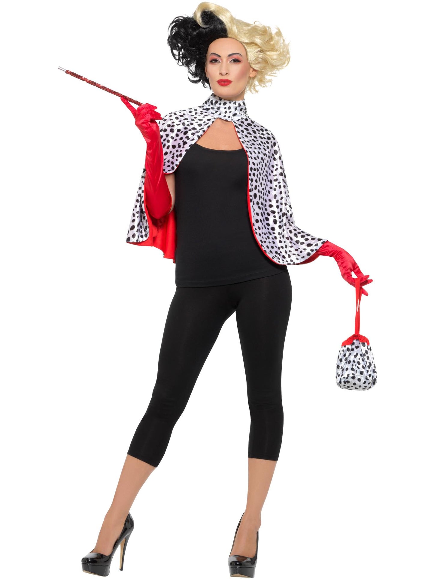 Kit Madame Diabolique de luxe, Noir et blanc, avec une cape, un sac, des gants et un porte-cigarette